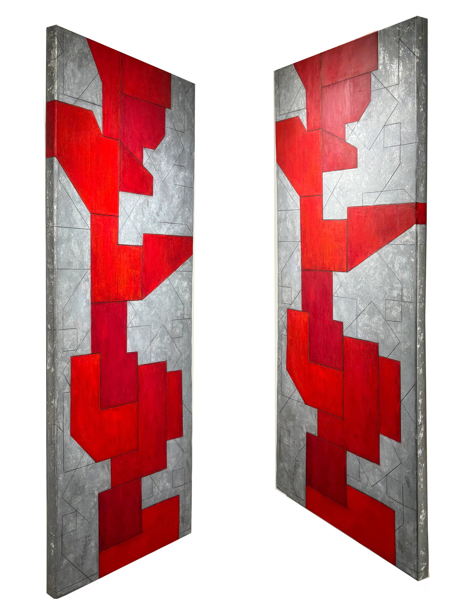 Contemporary Large Vertical Geometric Abstract Red Silver Leaf by Stephen Cimini - 2