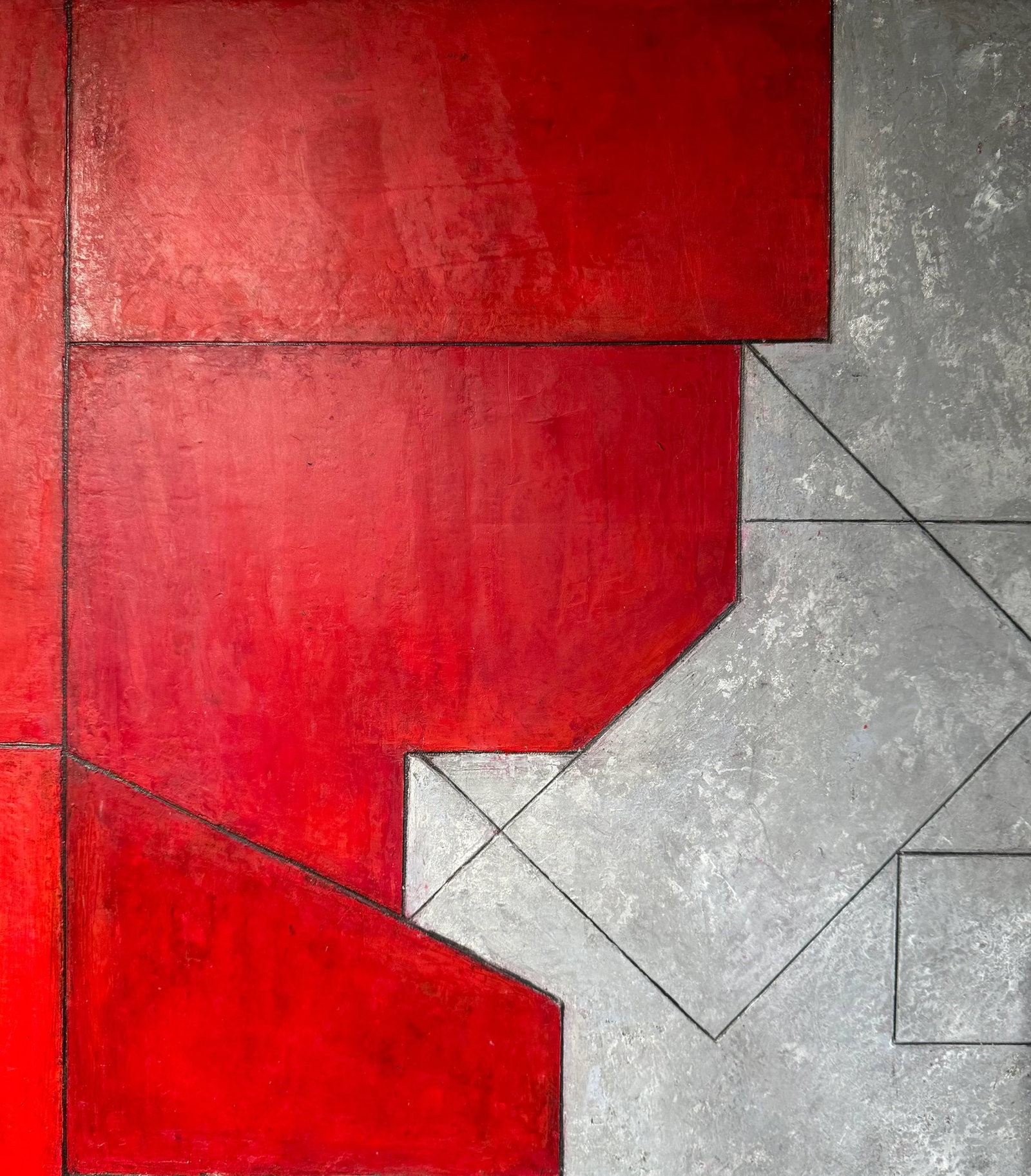 Contemporary Large Vertical Geometric Abstract Red Silver Leaf by Stephen Cimini - 3