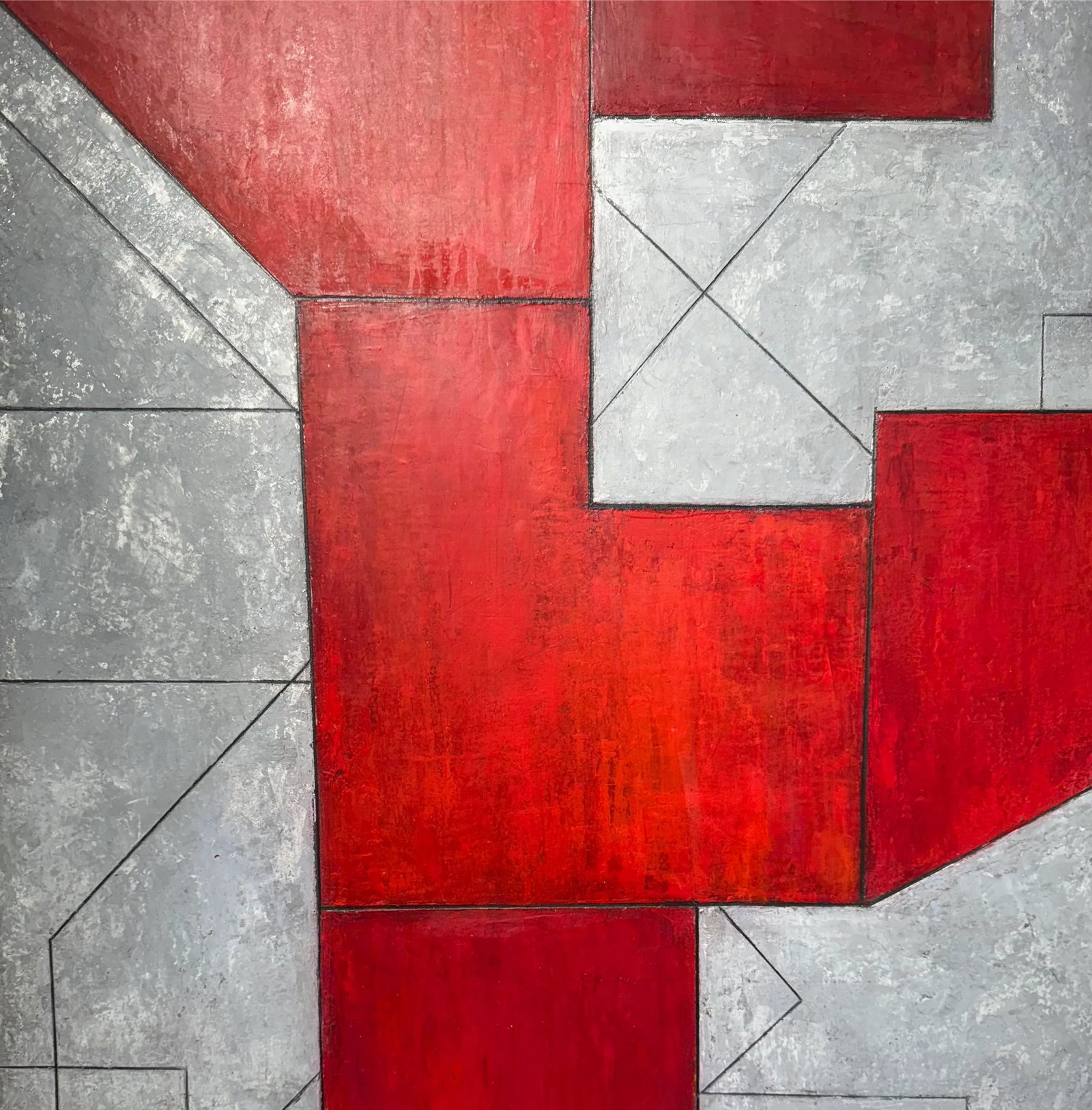 Contemporary Large Vertical Geometric Abstract Red Silver Leaf by Stephen Cimini - 6