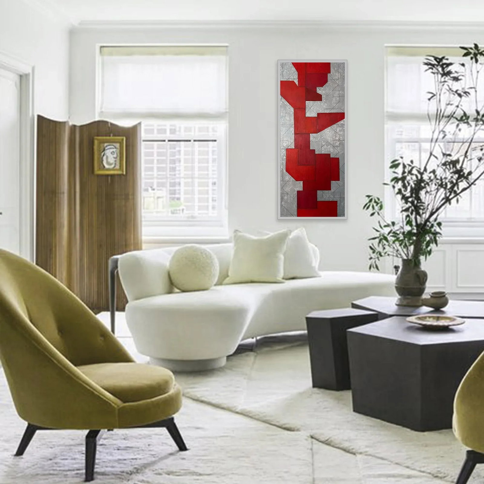 Contemporary Large Vertical Geometric Abstract Red Silver Leaf by Stephen Cimini - 8