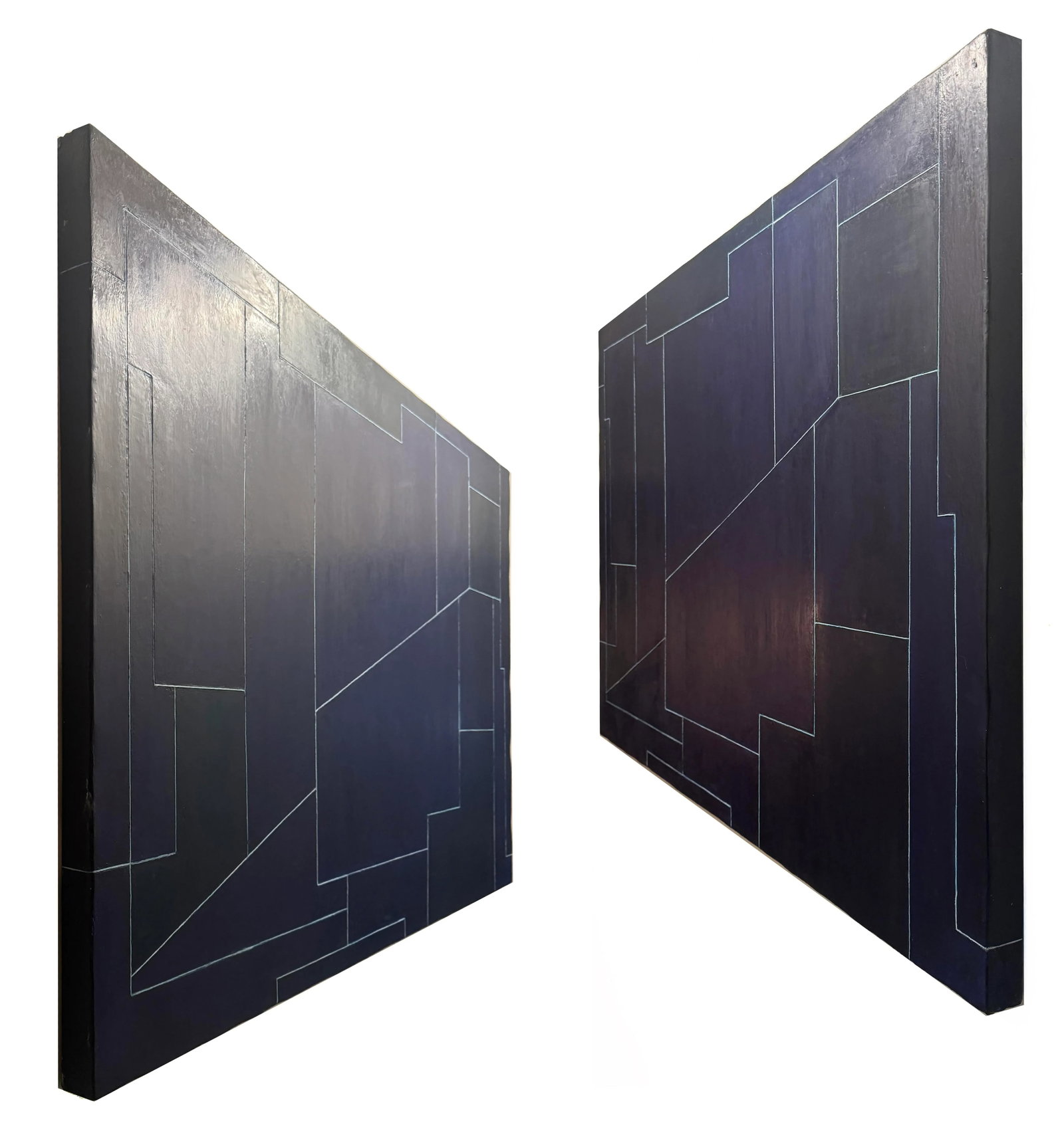 Contemporary Geometric Abstract Horizontal Oil Painting Deep Dark Colors by Stephen Cimini - 5
