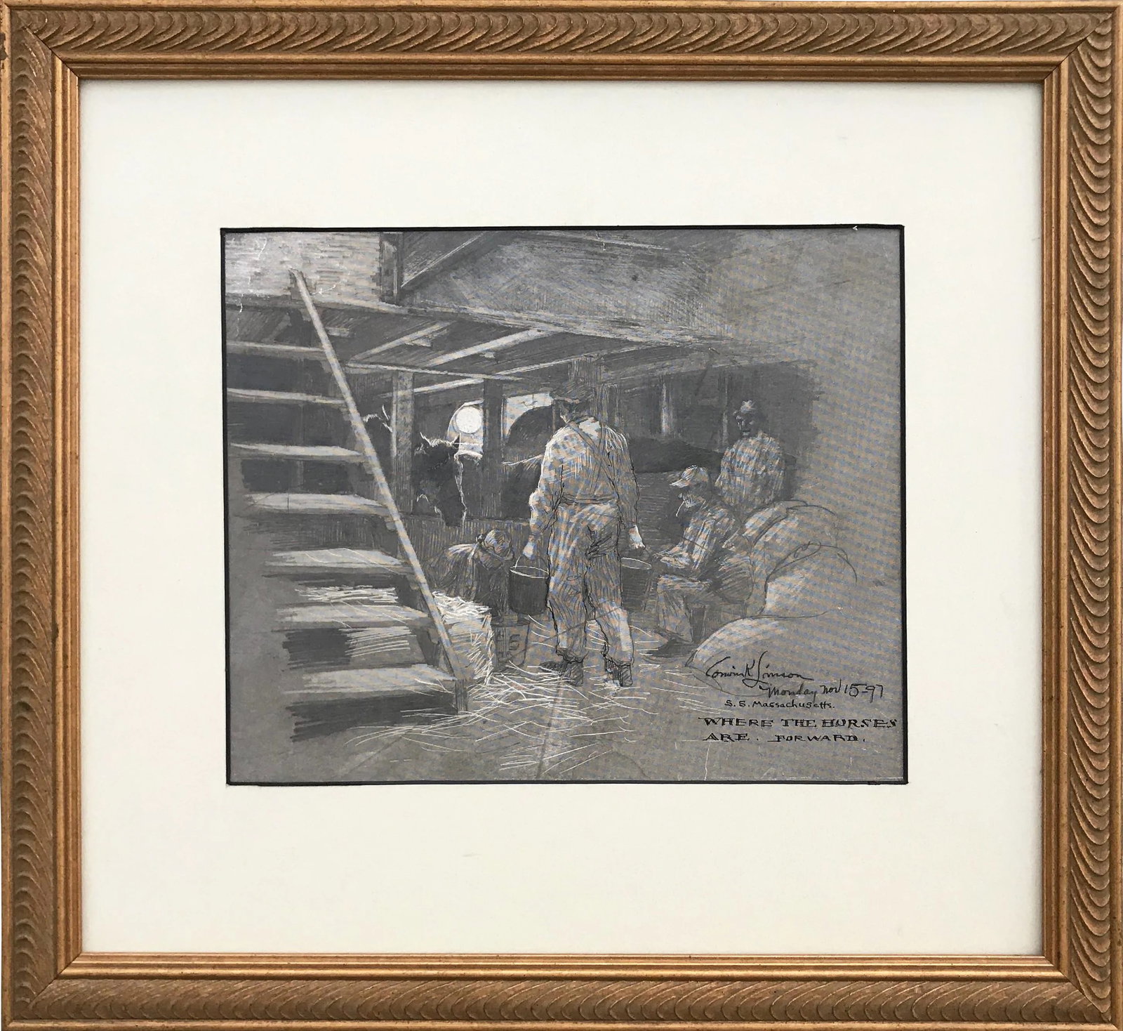 Original Vintage Drawing Illustration of Horses in a Barn Corwin Knapp Linson: "Where The Horses Are Forward" by Corwin Knapp Linson. Signed, titled, and dated 1897. Watercolor, gouache, and graphite sgraffito illustration likely for "The Red Badge of Courage" a civil war
