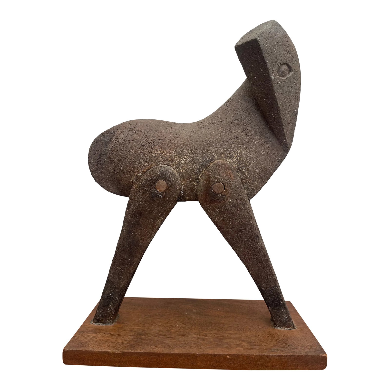 Abstract Pottery Horse Sculpture by Margot Kempe 1960: This is an abstract pottery horse sculpture mounted on a walnut base circa 1960. Artist Margot Kempe (1989-1981) was a German American sculptor and teacher at Greenwich House. Condition: Alterations: