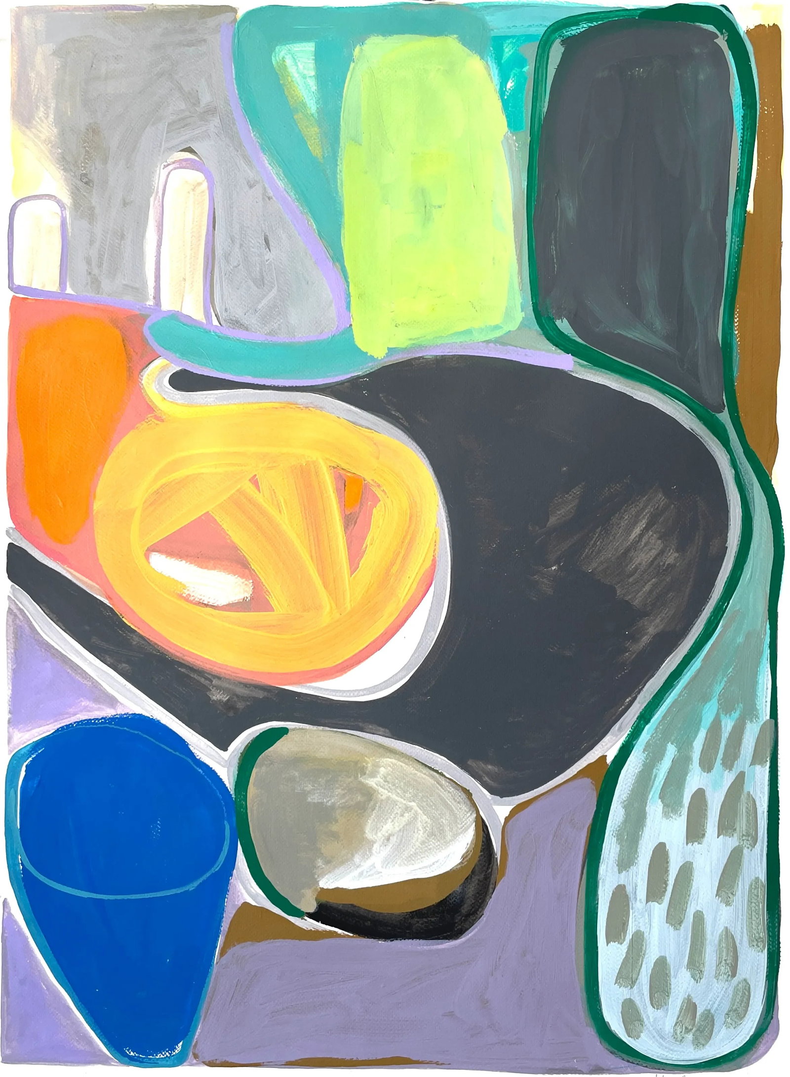 Contemporary Original Colorful Abstract Painting by Sarah Vaaler: This piece features blocks of bright colors and neutral grays playfully interacting. A perfect addition to a clean, contemporary space. Made with acrylic gouache paint on watercolor paper. Size 22" x 