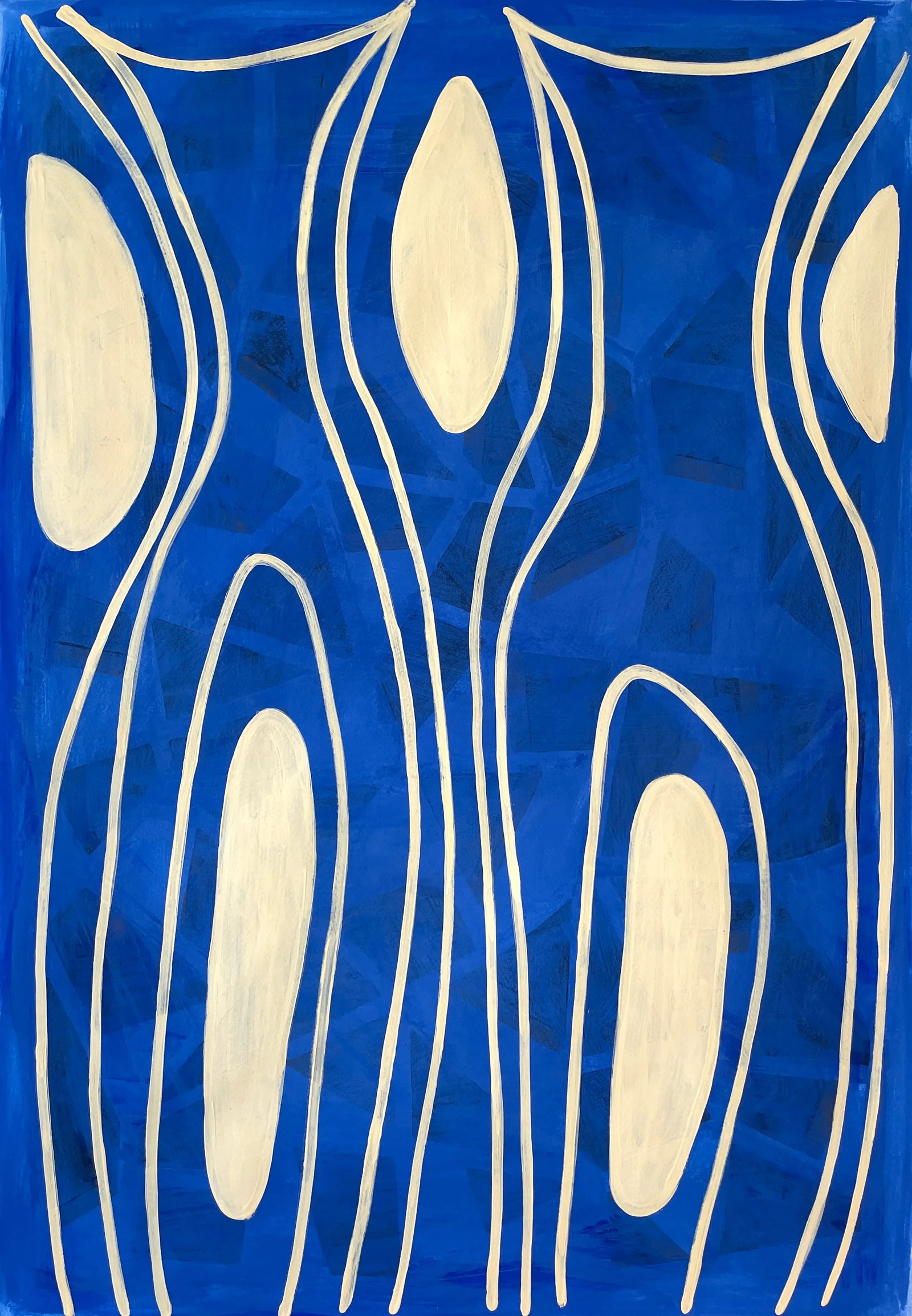 Sarah Vaaler Blue Painting With Modernist Shapes in Cream.: This painting features cream lines and shapes on a background of cobalt blue geometric shapes and washes. The limited color palette and high contrast, along with the minimalist design gives this