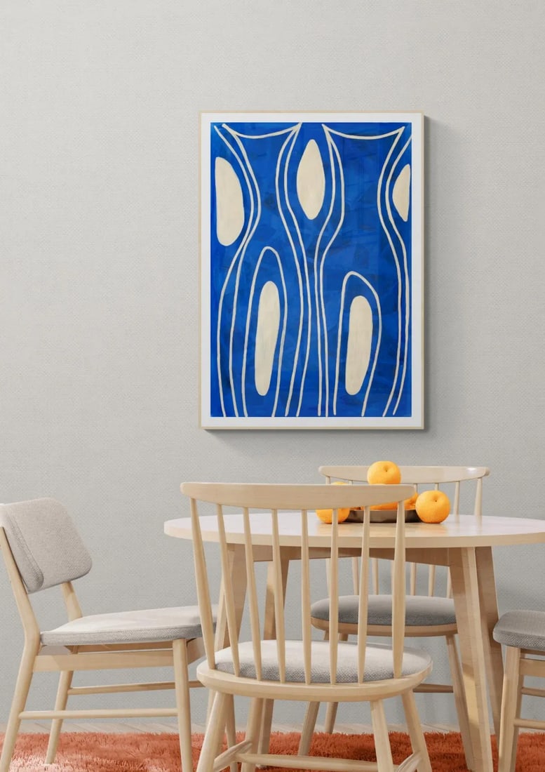 Sarah Vaaler Blue Painting With Modernist Shapes in Cream. - 2