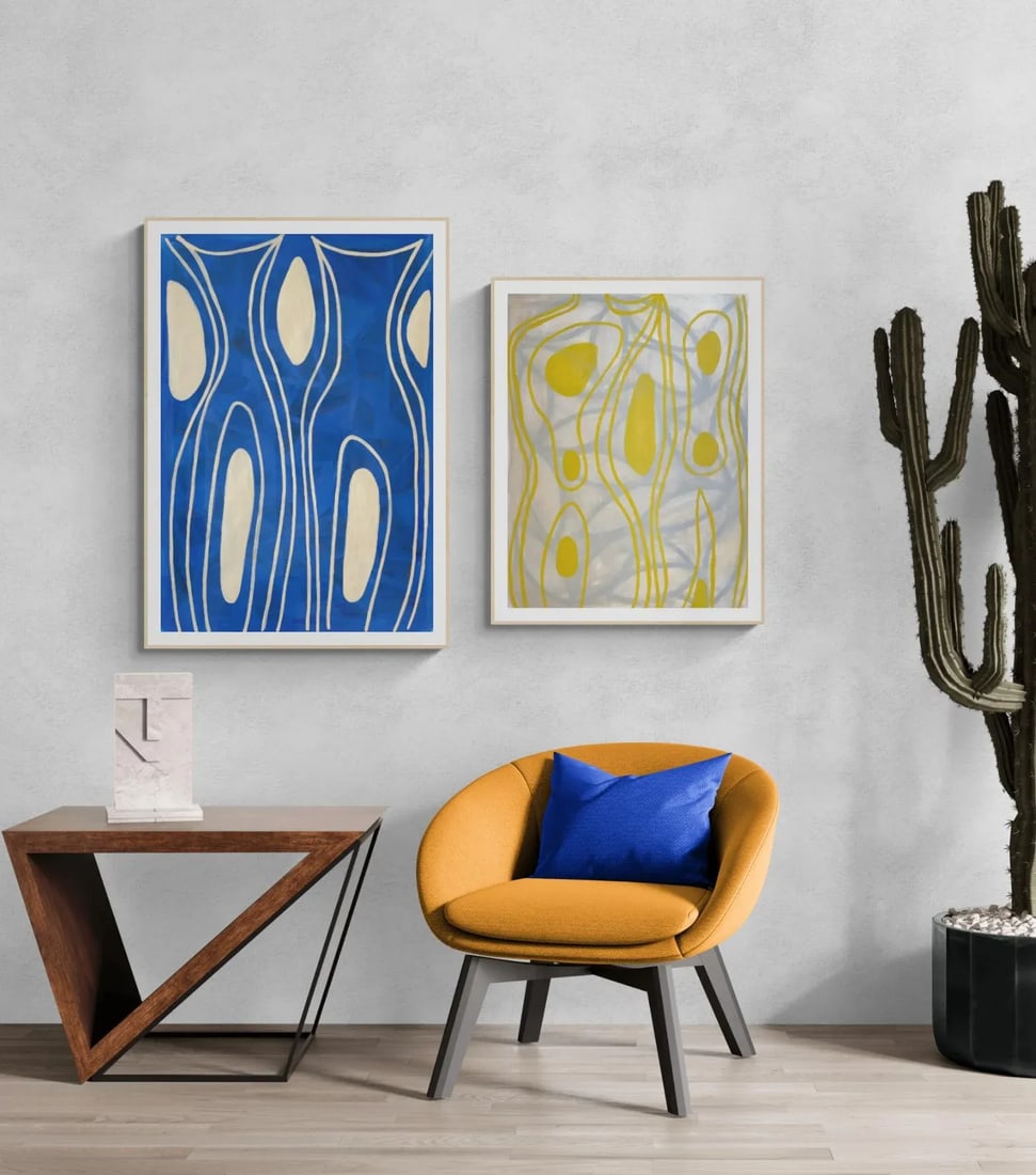 Sarah Vaaler Blue Painting With Modernist Shapes in Cream. - 3