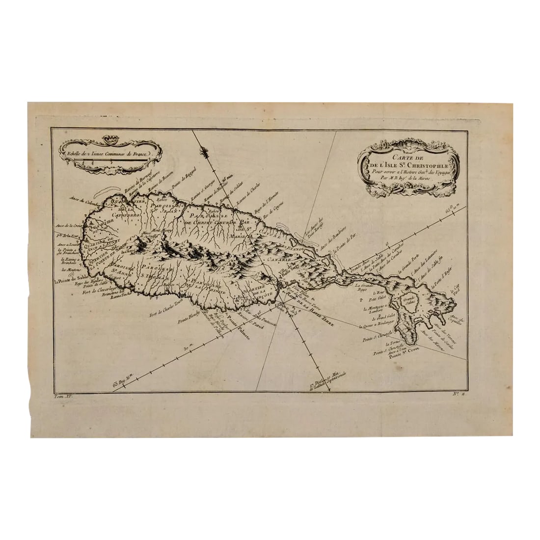 St. Christophe (St. Kitts): Bellin 18th Century Hand Colored Map, 1746: Jacques Bellin's copper-plate map of the Caribbean island of Saint Kitts entitled "Carte De De l'Isle St. Christophe Pour servir a l'Histoire Genle. des Voyages Par M. B. Ingr. de la Marine",