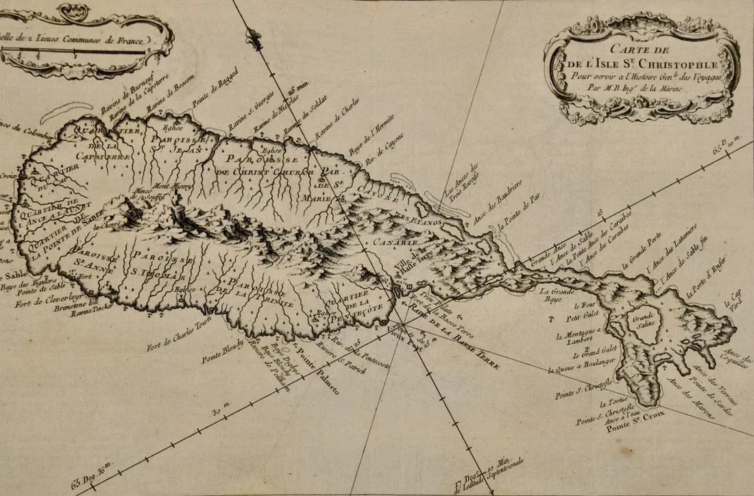 St. Christophe (St. Kitts): Bellin 18th Century Hand Colored Map, 1746 - 2