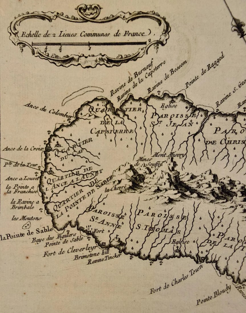 St. Christophe (St. Kitts): Bellin 18th Century Hand Colored Map, 1746 - 5