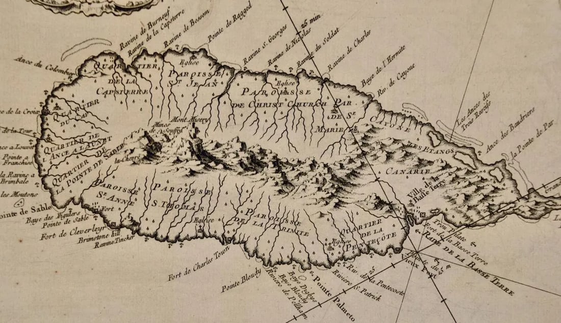 St. Christophe (St. Kitts): Bellin 18th Century Hand Colored Map, 1746 - 7
