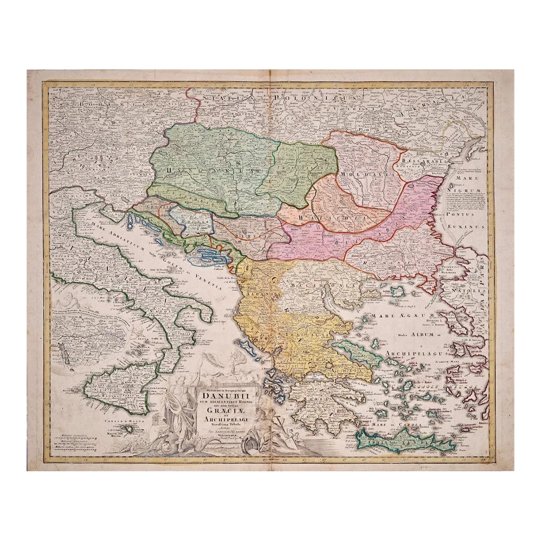 Johann Baptist Homann Danube River, Italy, Greece and Croatia: A Hand-colored 18th C. Homann Map, 17: "Fluviorum in Europa principis Danubii" is a hand colored map of the region about the Danube river created by Johann Baptist Homann (1663-1724) in his 'Atlas Novus Terrarum', published in Nuremberg,