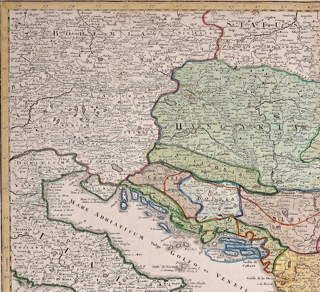 Johann Baptist Homann Danube River, Italy, Greece and Croatia: A Hand-colored 18th C. Homann Map, 17 - 2