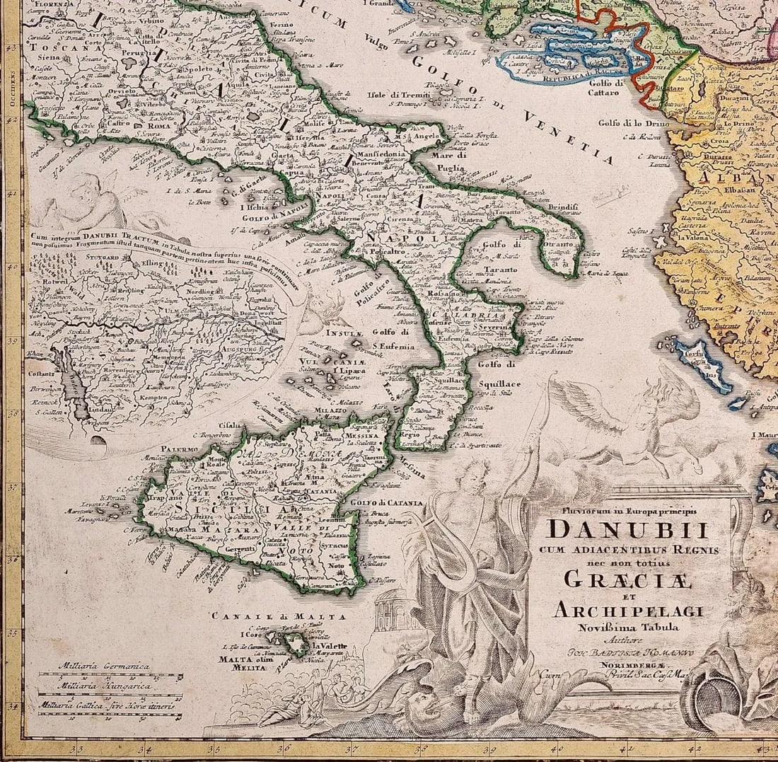 Johann Baptist Homann Danube River, Italy, Greece and Croatia: A Hand-colored 18th C. Homann Map, 17 - 4
