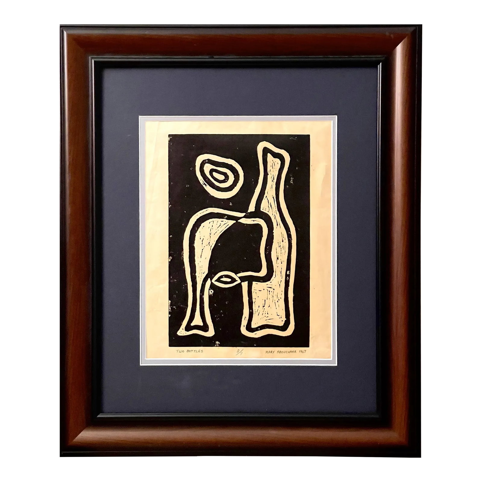 Original Linoleum Print of Modern Abstract Arrangement of Two Bottles: This linoleum print is a modern original arrangement of two bottles created by Mary Abouchaar. It depicts two bottles side by side, one on the right standing upright, and one on the left bending down