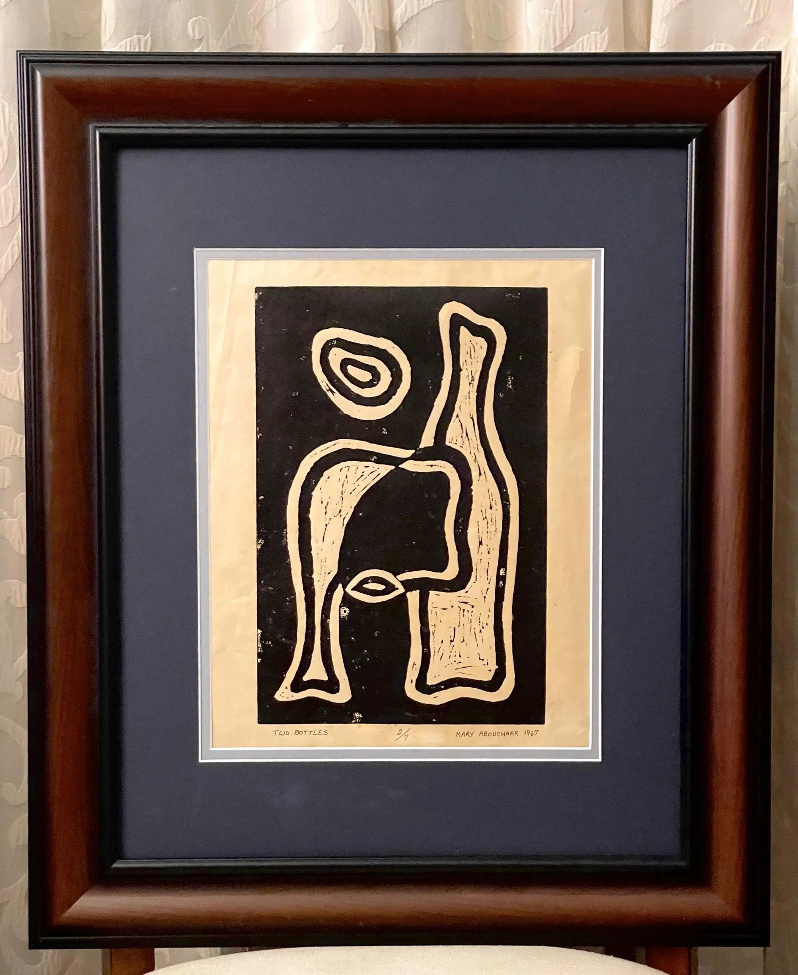 Original Linoleum Print of Modern Abstract Arrangement of Two Bottles - 2