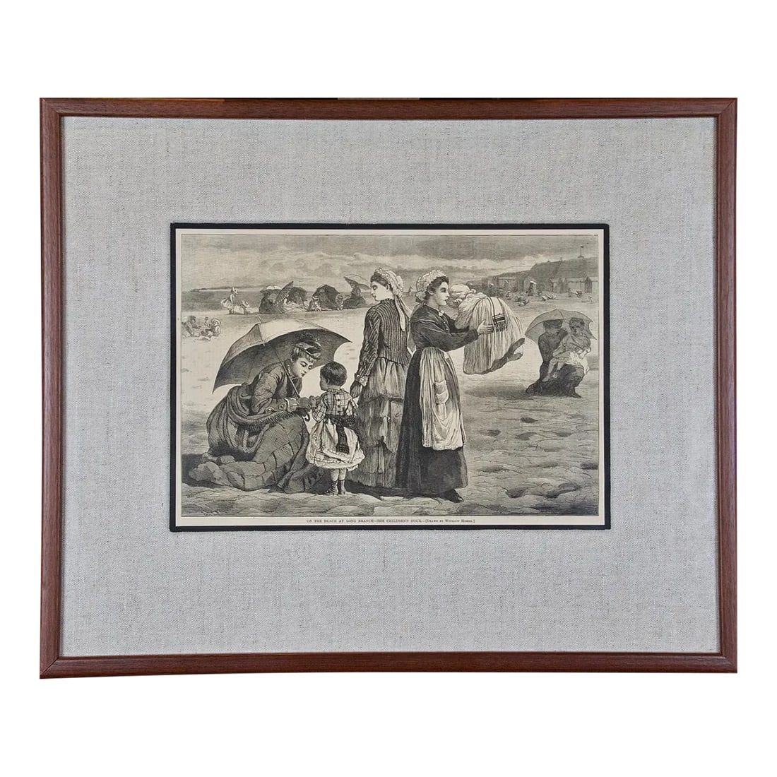 Winslow Homer "On the Beach": 19th Century Wood Engraving, 1874: This Winslow Homer wood engraving entitled "On the Beach at Long Branch, The Children's Hour", was published in Harper's Weekly in the August 15, 1874 edition. It depicts women and their children on t