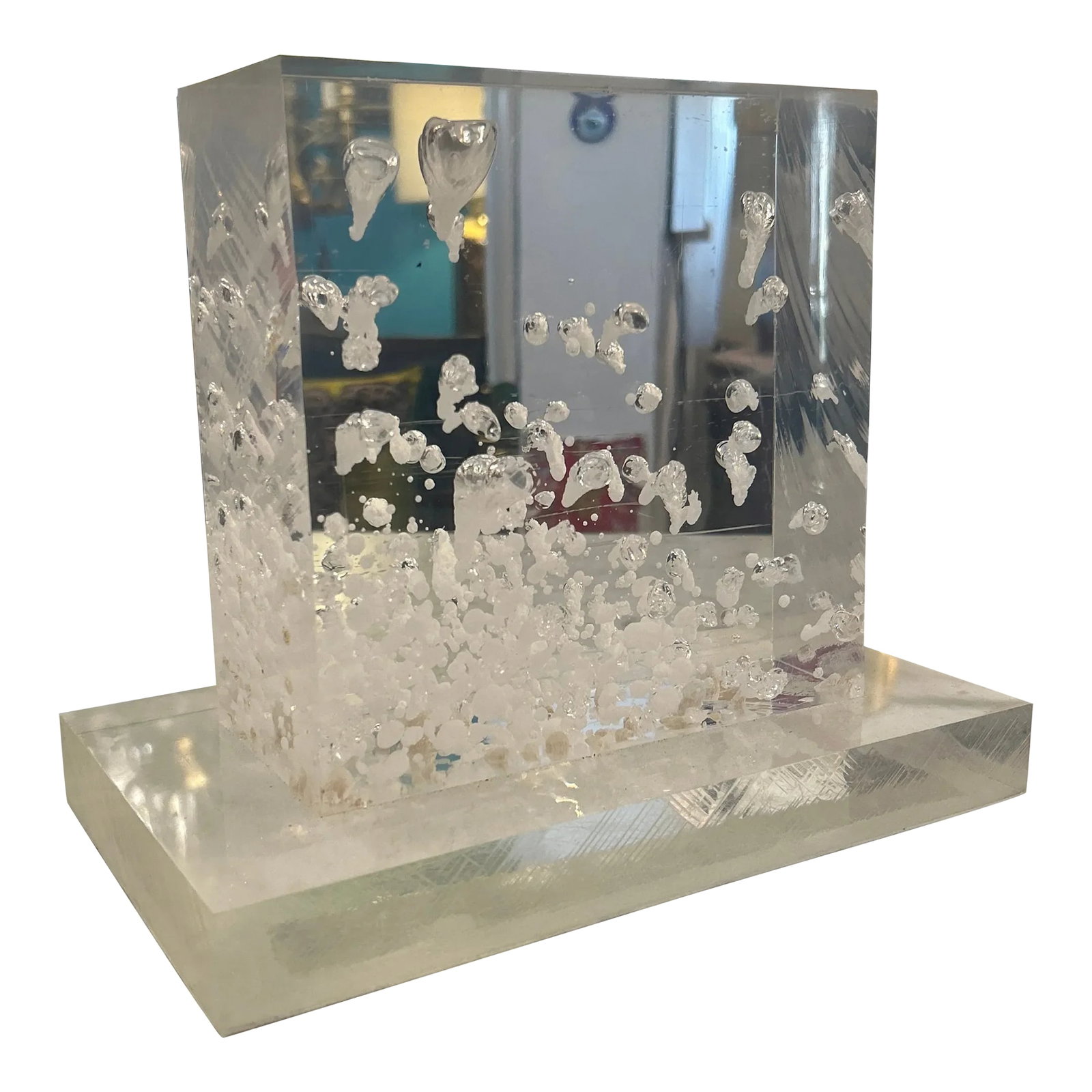 Solid Lucite Block Sculpture: Very cool solid lucite block sculpture with bubble inclusions. The thick base is hand planed showing the markings while the sculpture is totally smooth. The bubbles look like water inside. This a