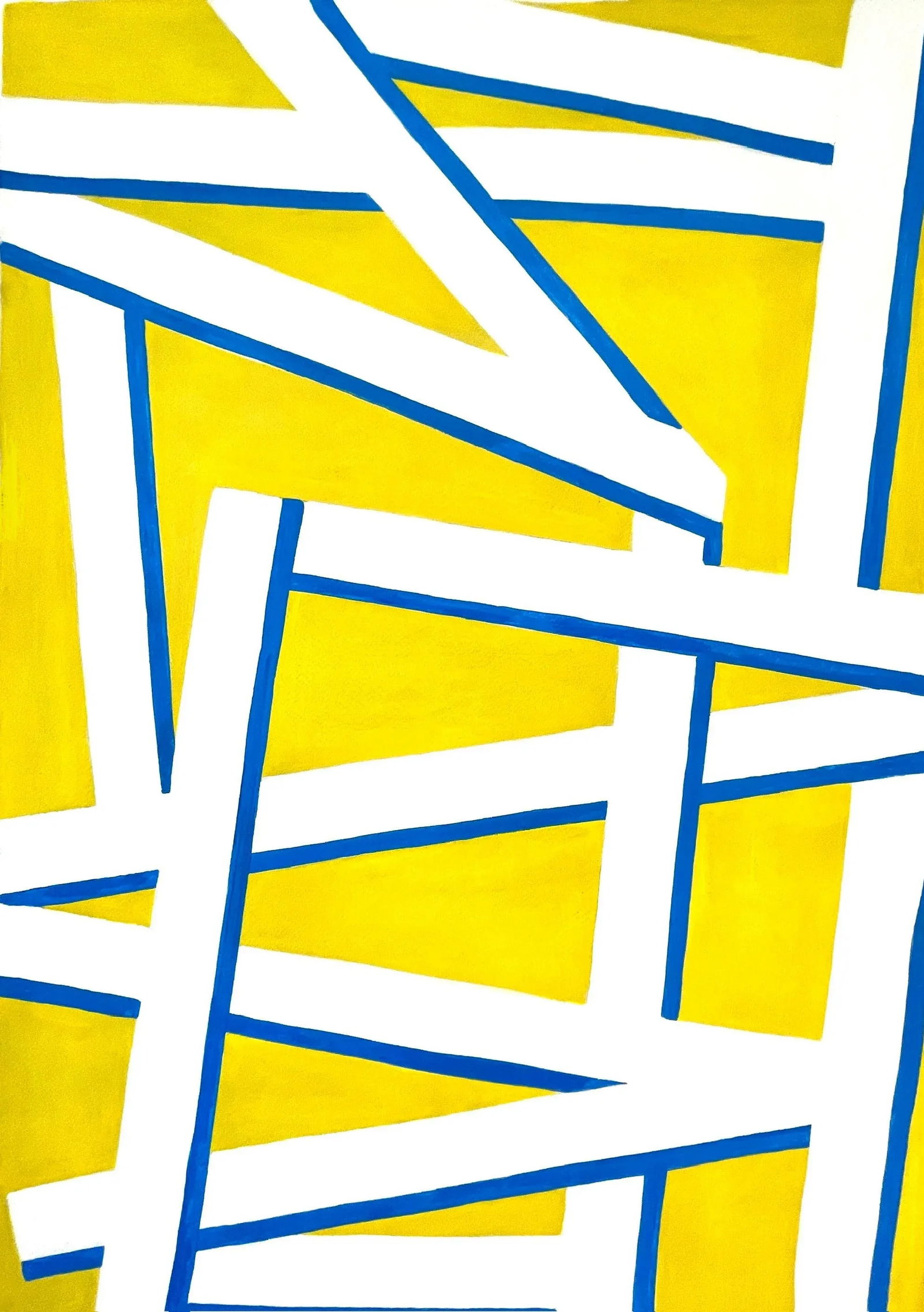 Sarah Vaaler Modern Painting With Yellow and Blue: This contemporary painting features crisscrossed bars of white and blue on a mustard yellow background. The piece is chaotic and ordered, vibrant and modern-a perfect focal point for your modern