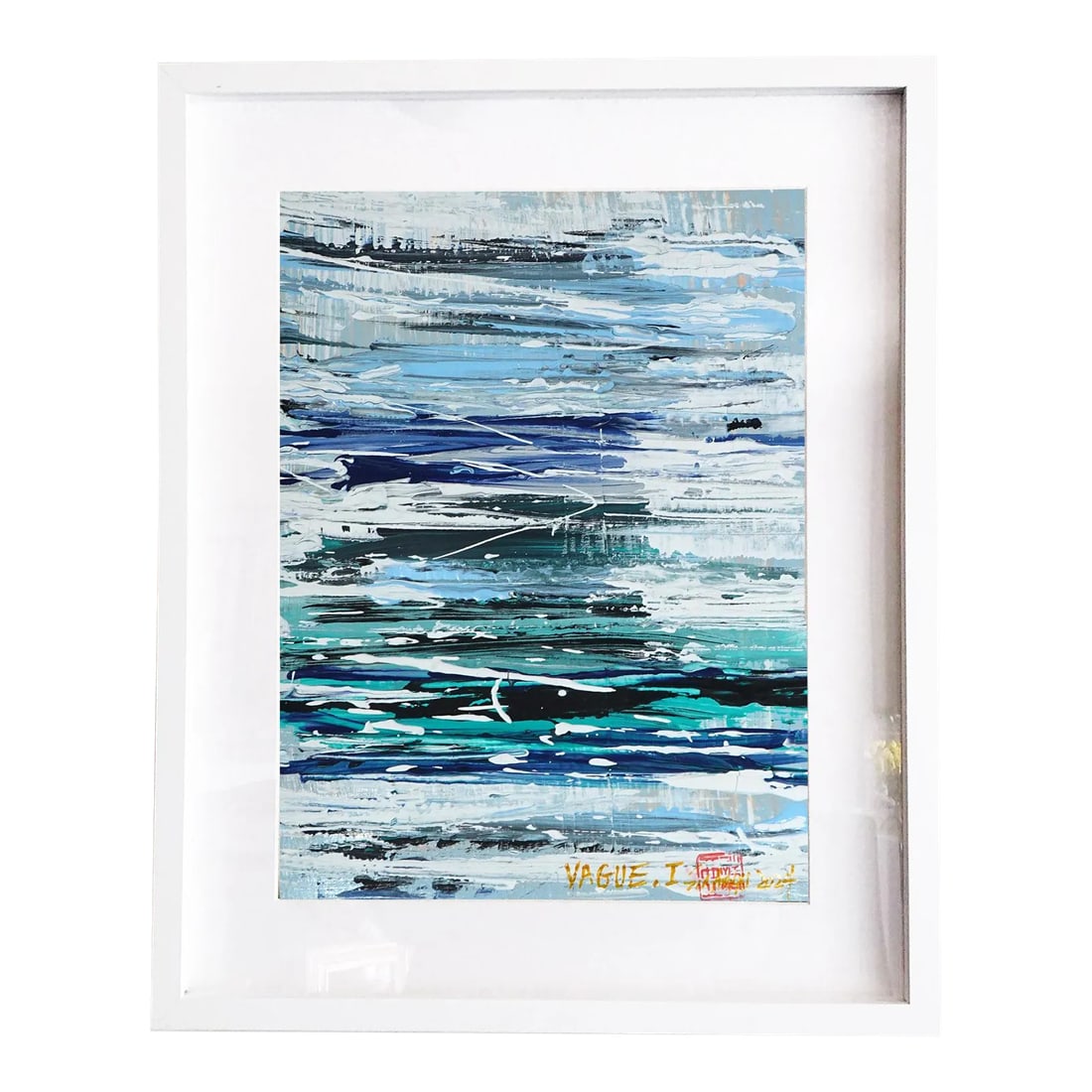 Vague. I Abstract Blue Framed Painting: Dynamic brushstrokes bring a sense of dancing like the waves in the VAGUE series. Painting is 8X10" heavyweight hand-cut parchment comes custom-framed in a 12X16X1.2" white shadow box Signed, dated,