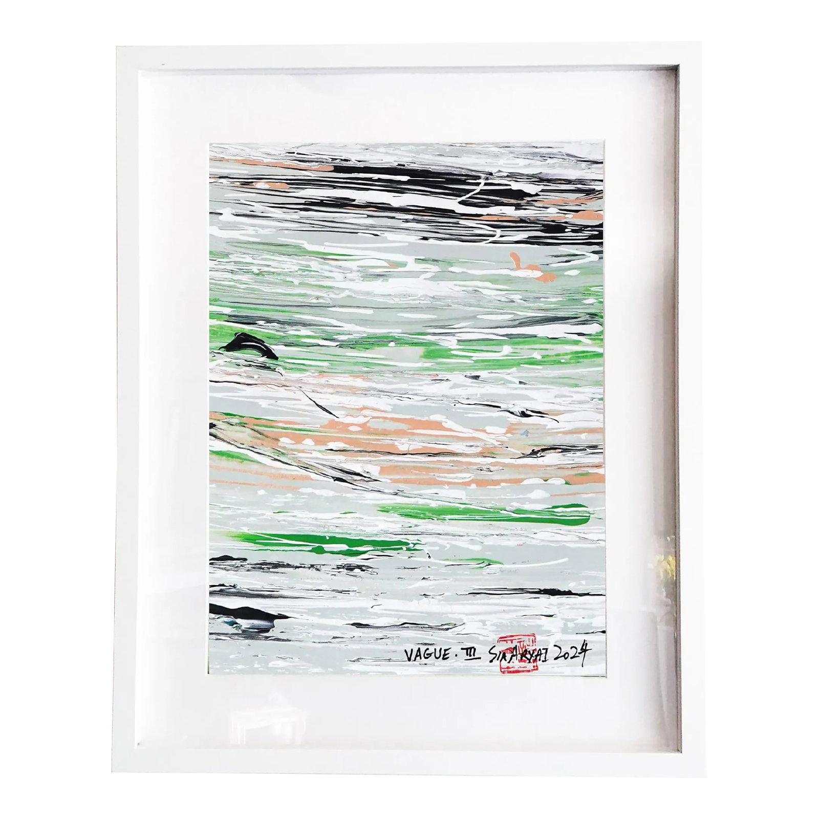 Vague. III Abstract Framed Vibrant Green Painting: Dynamic brushstrokes bring a sense of dancing like the waves in the VAGUE series. Painting is 8X10" heavyweight hand-cut parchment that comes custom-framed in a 12X16X1.2" white shadow box Signed,