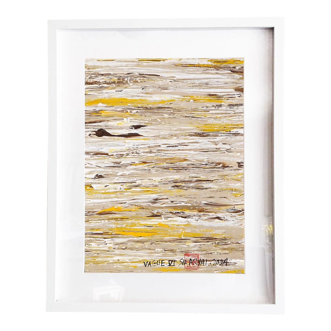 Vague. VI Abstract Framed Yellow Painting: Dynamic brushstrokes bring a sense of dancing like the waves in the VAGUE series. Painting is 8X10" heavyweight hand-cut parchment that comes custom-framed in a 12X16X1.2" white shadow box Signed,