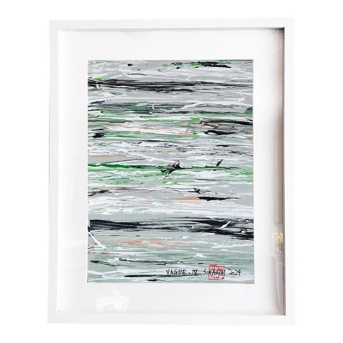 Vague. IV Abstract Framed Green/Gray Painting: Dynamic brushstrokes bring a sense of dancing like the waves in the VAGUE series. Painting is 8X10" heavyweight hand-cut parchment that comes custom-framed in a 12X16X1.2" white shadow box Signed,