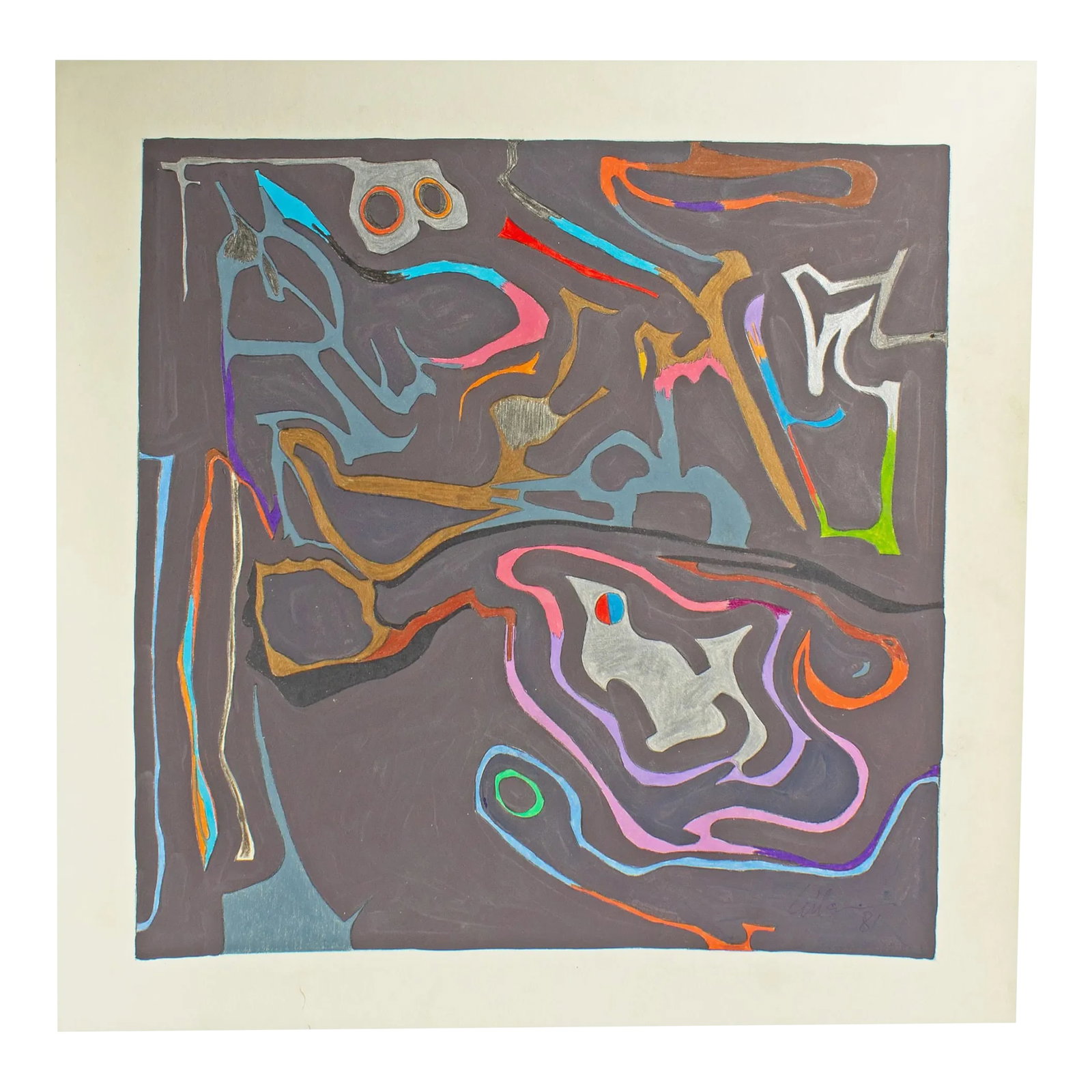 1981 Abstract Mixed Media Painting by Harry Hilson: A 1981 abstract mixed media painting by American artist Harry Hilson (1935-2004). Composed of gouache, graphite, and colored pencil on paper, distinct geometric and biomorphic shapes and lines are ill