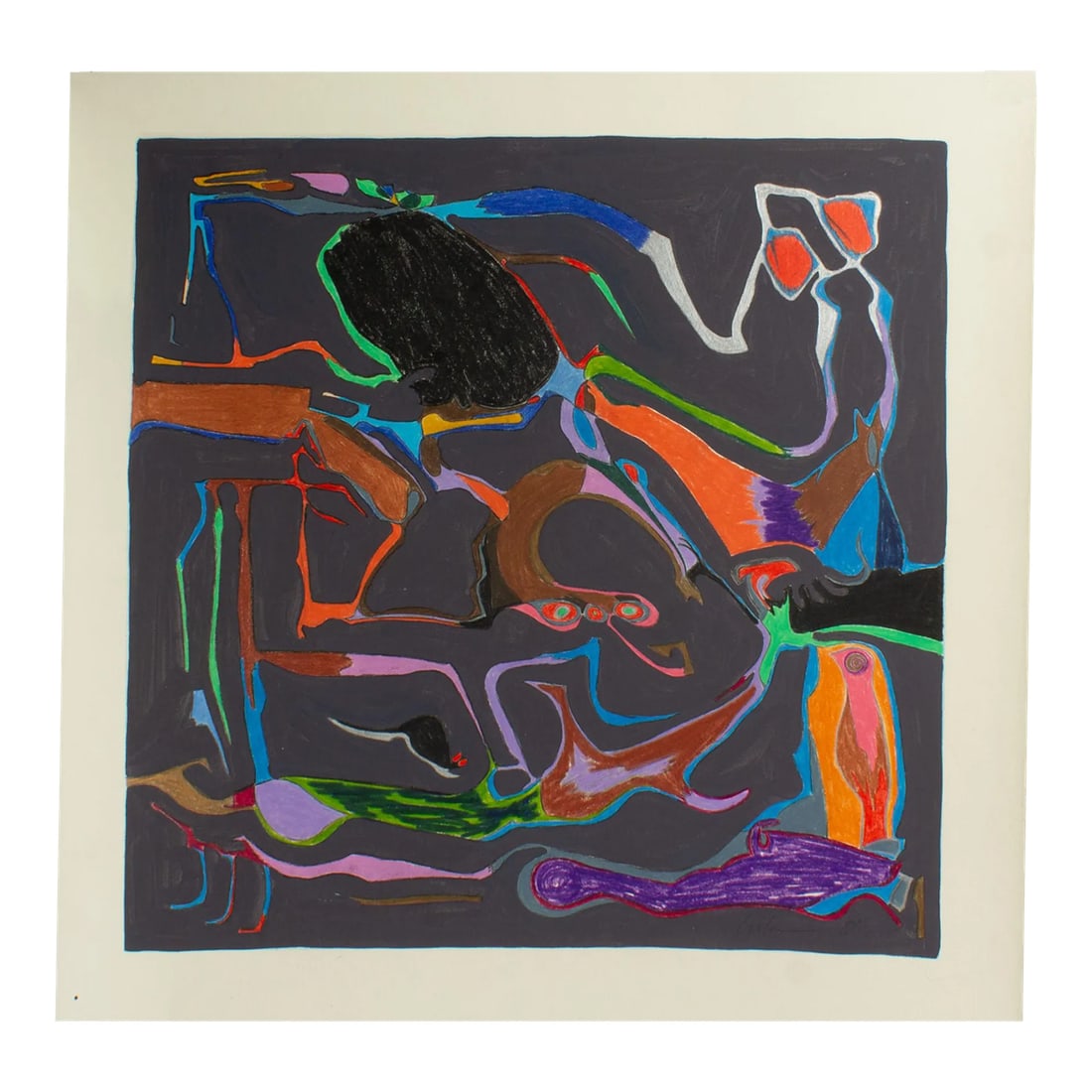 1981 Abstract Mixed Media Painting by Harry Hilson: A 1981 abstract mixed media painting by American artist Harry Hilson (1935-2004). Composed of gouache, graphite, and colored pencil on paper, distinct geometric and biomorphic shapes and lines are