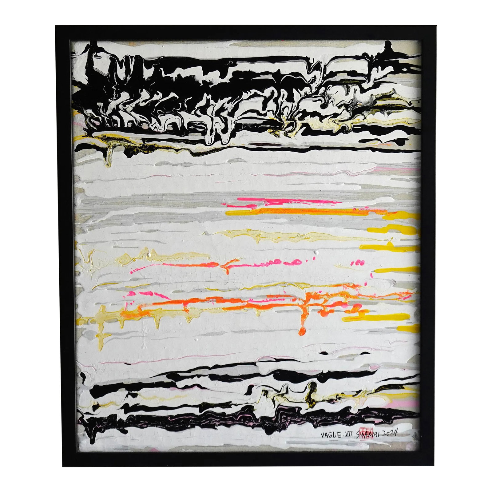 Vague. VII Black Framed Abstract Vibrant Painting: Stunning shades of vibrant colors are contrasted and complemented by yellow with a twist in this one-of-a-kind abstract painting. This high-quality painting on canvas is 16X19" and is beautifully show