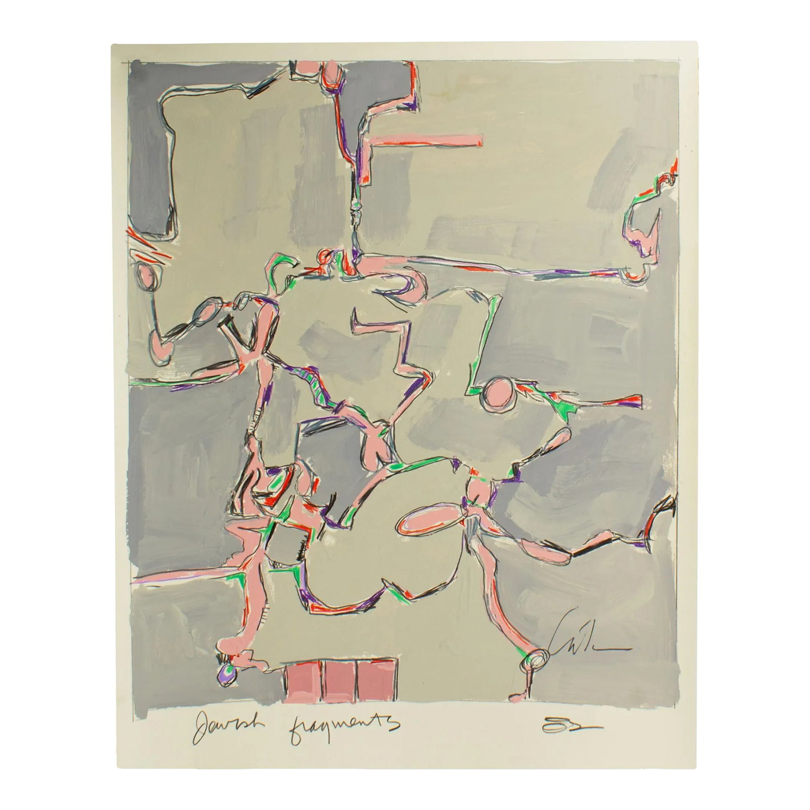 1982 "Jewish Fragments" Abstract Mixed Media Painting by Harry Hilson: A 1982 signed abstract mixed media painting titled, Jewish Fragments, by the American artist Harry Hilson (1935-2004). The painting features an array of colorful shapes and forms in colored pencil