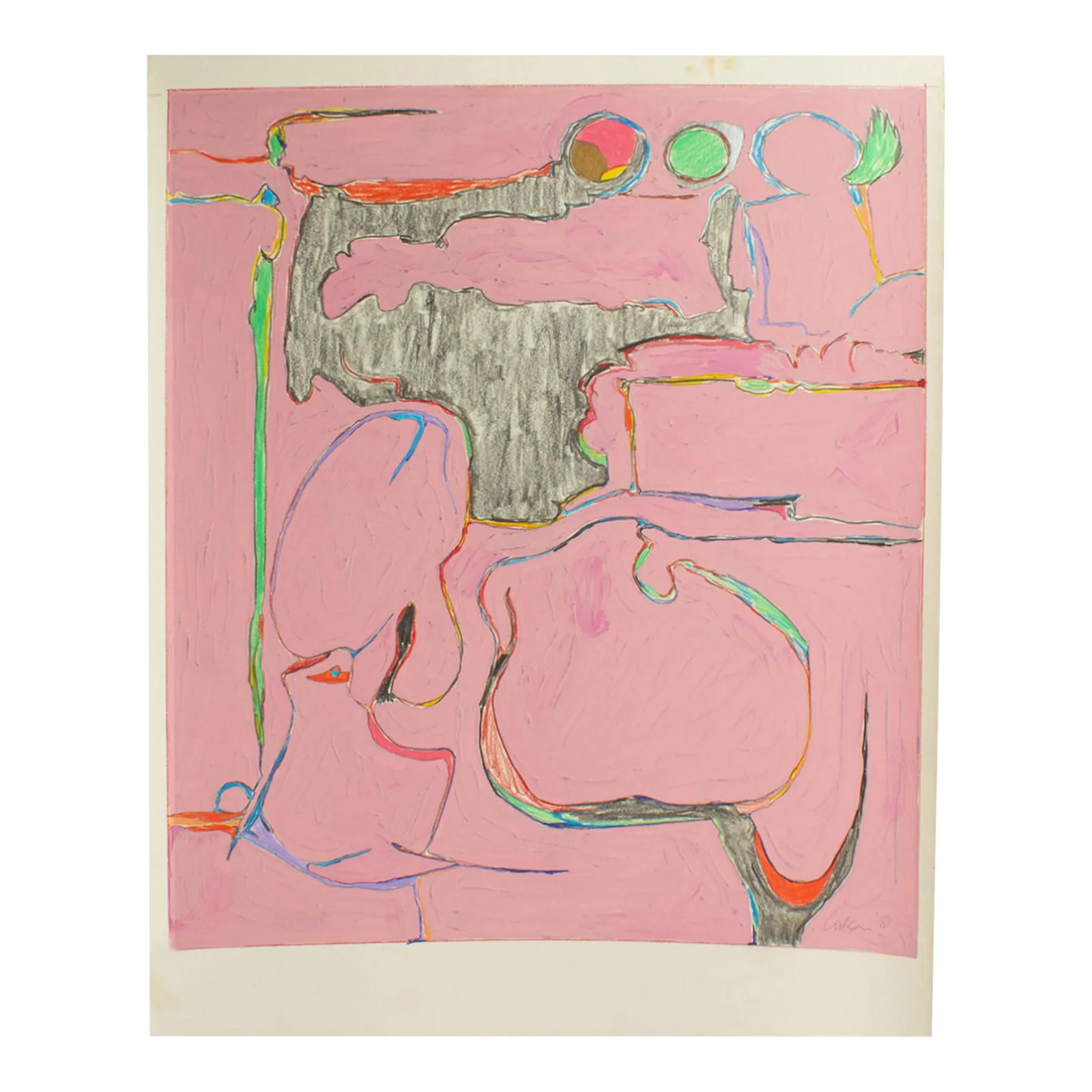 1981 Abstract Mixed Media Painting by Harry Hilson: A 1981 abstract mixed media painting by the American artist Harry Hilson (1935-2004). This abstract work features a pink gouache background punctuated by bright neon colored pencil designs outlined by