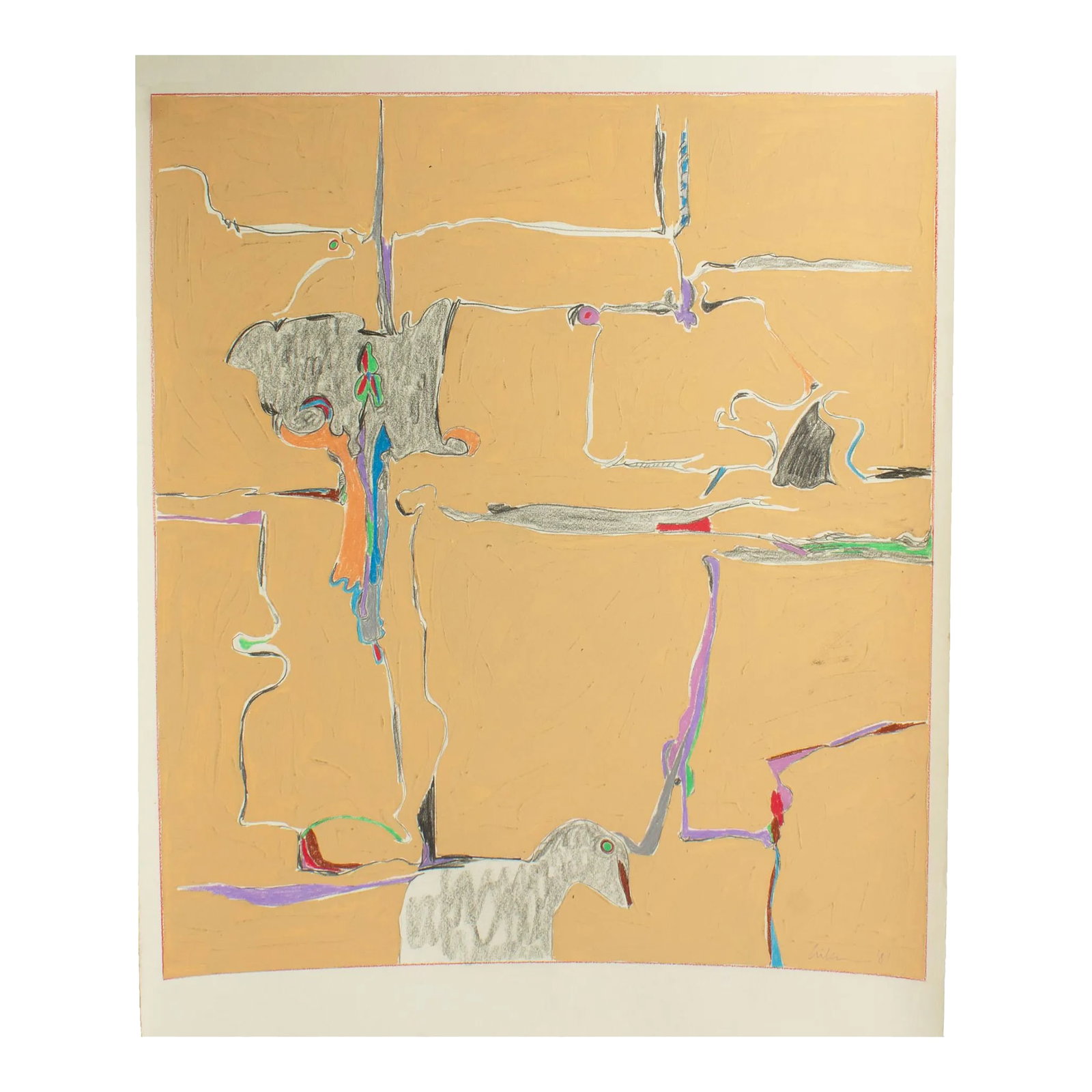 1981 Abstract Mixed Media Painting by Harry Hilson: A 1981 abstract mixed media painting by American artist Harry Hilson (1935-2004). Composed of gouache, graphite, and colored pencil on paper, distinct geometric and biomorphic shapes and lines are ill