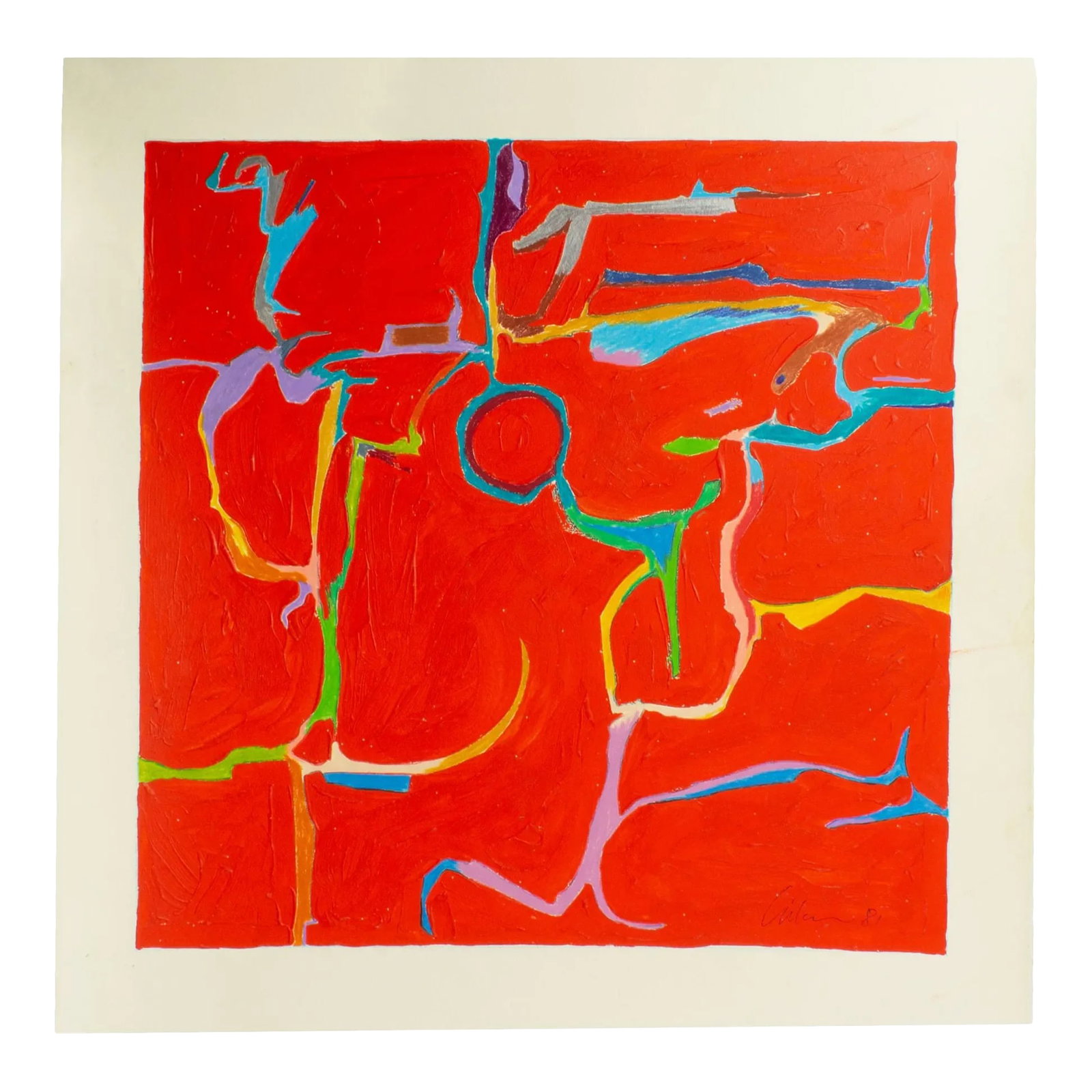 1981 Abstract Mixed Media Painting by Harry Hilson: A 1981 abstract mixed media painting by American artist Harry Hilson (1935-2004). Composed of gouache, graphite, and colored pencil on paper, vibrant lines of color illustrate biomorphic shapes over a