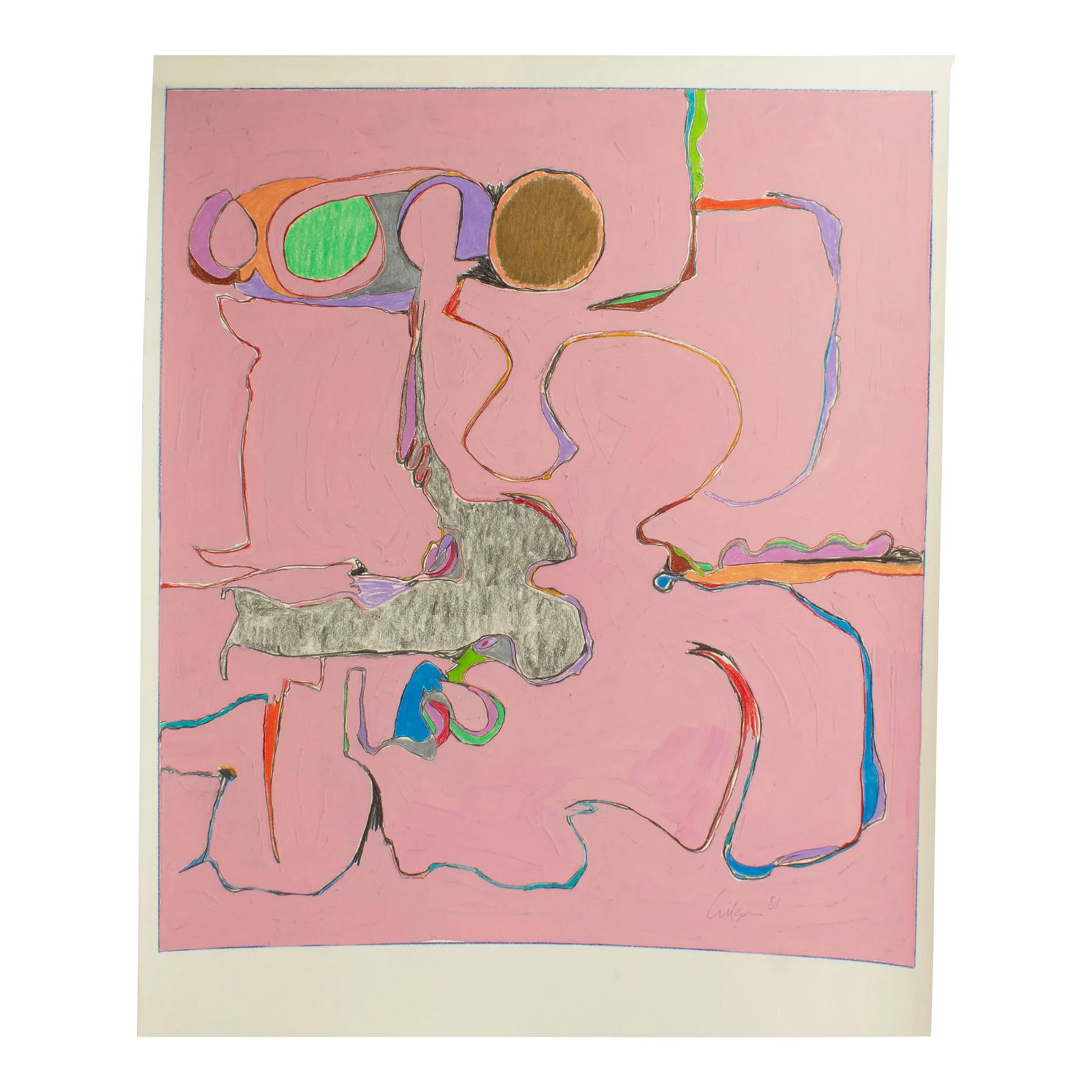 1981 Abstract Mixed Media Painting by Harry Hilson: A 1981 abstract mixed media painting by American artist Harry Hilson (1935-2004). Composed of gouache, graphite, and colored pencil on paper, vibrant lines of color illustrate biomorphic shapes over a