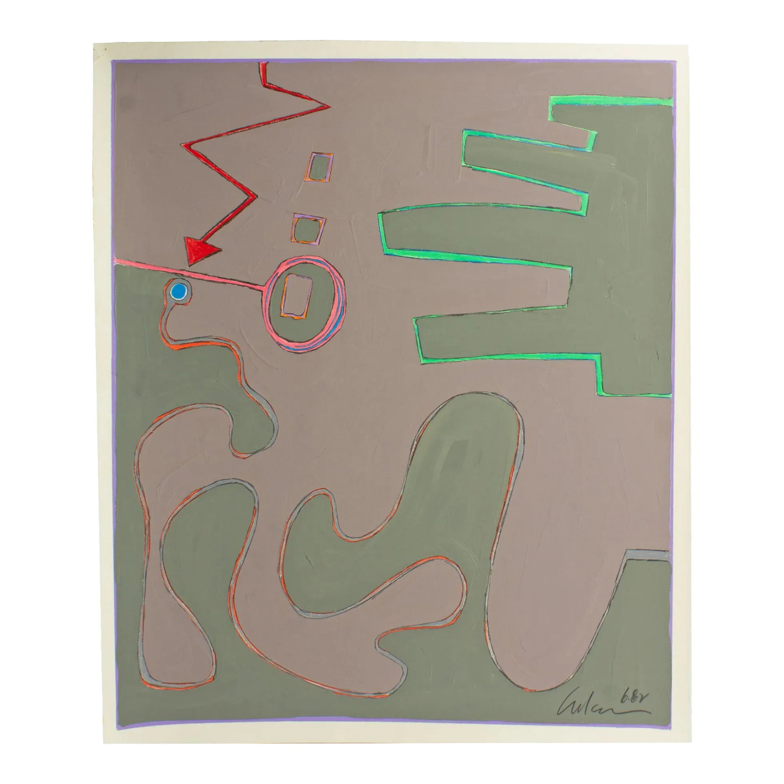 1982 Abstract Mixed Media Painting by Harry Hilson: A 1982 abstract mixed media painting by the American artist Harry Hilson (1935-2004). This abstract work features a gray and light purple gouache background punctuated by biomorphic and geometric shap
