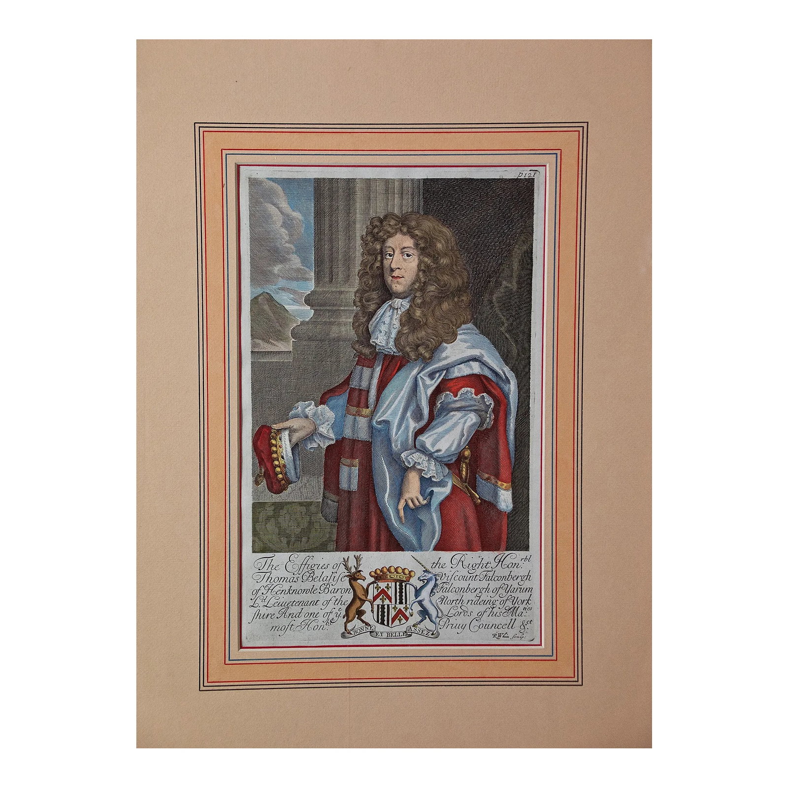Viscount Thomas Belasise: 17th Century Hand-Colored Portrait by Robert White, 1679: This is a hand-colored engraving by Robert White (1645-1703) after a painting by Abraham Blooteling (or Bloteling) (1634-1690) entitled "The Effigies of the Right honorable: Thomas Belasise Viscount F