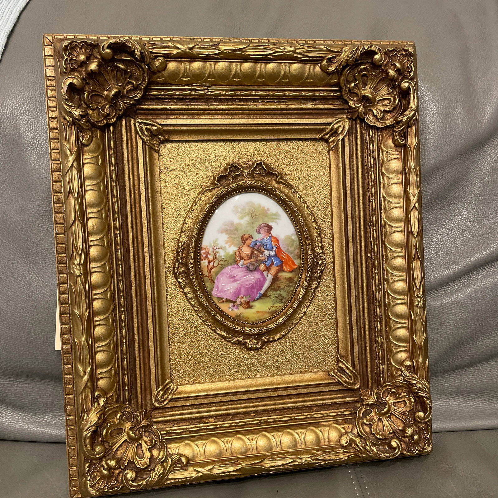 Vintage Hand Painted Framed Limoges Frangonard Medallion - Courting Couple - 11
