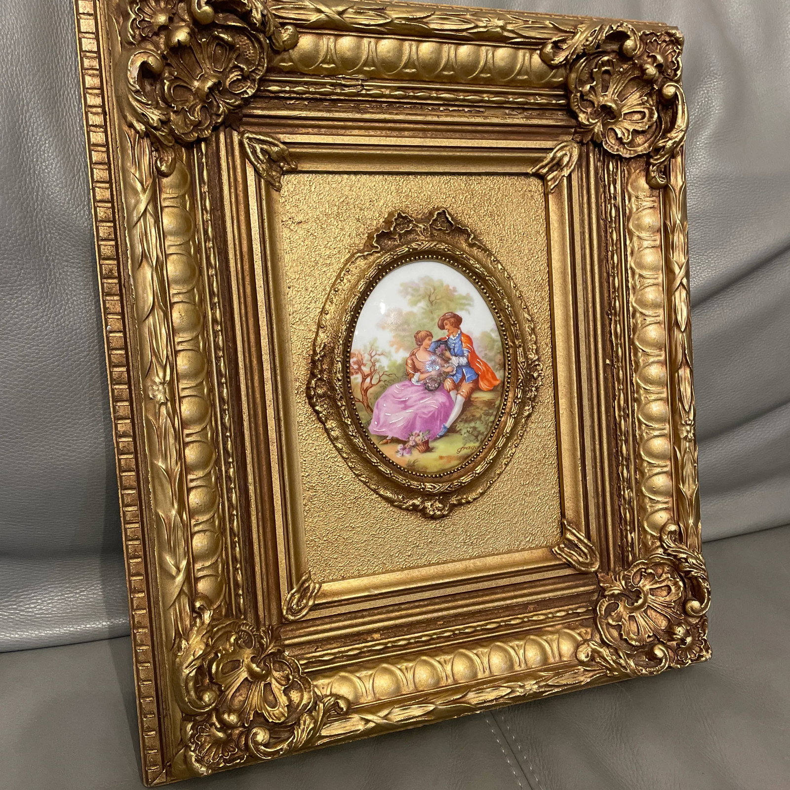 Vintage Hand Painted Framed Limoges Frangonard Medallion - Courting Couple - 2