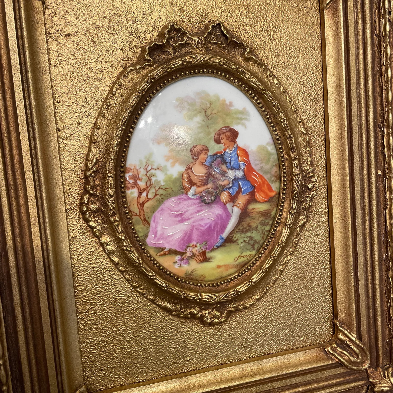 Vintage Hand Painted Framed Limoges Frangonard Medallion - Courting Couple - 3