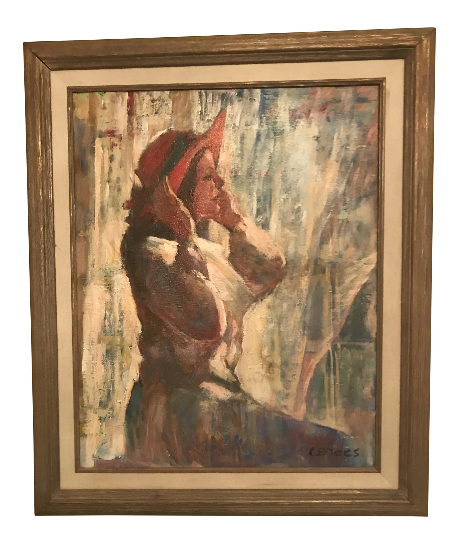 Original Acrylic. Girl With Red Hat. Signed Lower Right-Cordes.: Original acrylic on canvas. Portrait of young girl in red hat. Signed by Jeanne Cordes, a South Carolina artist. Very colorful and well executed painting. Condition: Alterations: Original Condition