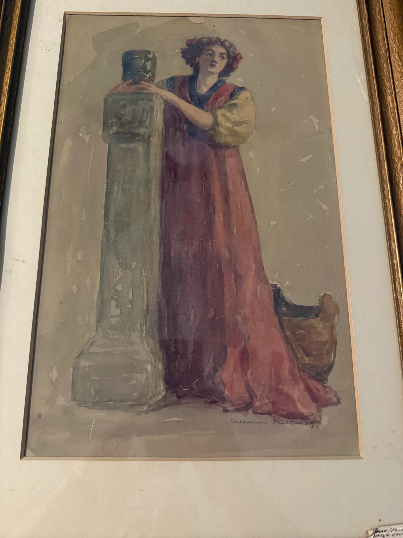 Antique Watercolor Classical Woman Art Nouveau Style Signed Framed Under Glass Original Art 21"t X 1 - 12