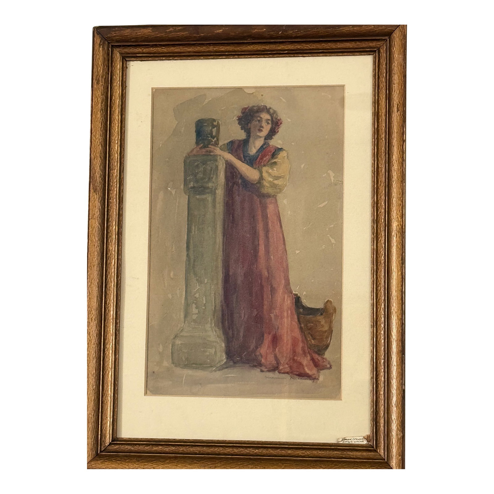 Antique Watercolor Classical Woman Art Nouveau Style Signed Framed Under Glass Original Art 21"t X 1: Elegant antique watercolor of a classical woman, capturing a quiet, timeless moment through flowing drapery and soft, atmospheric detail. Created during the Art Nouveau period, the piece reflects