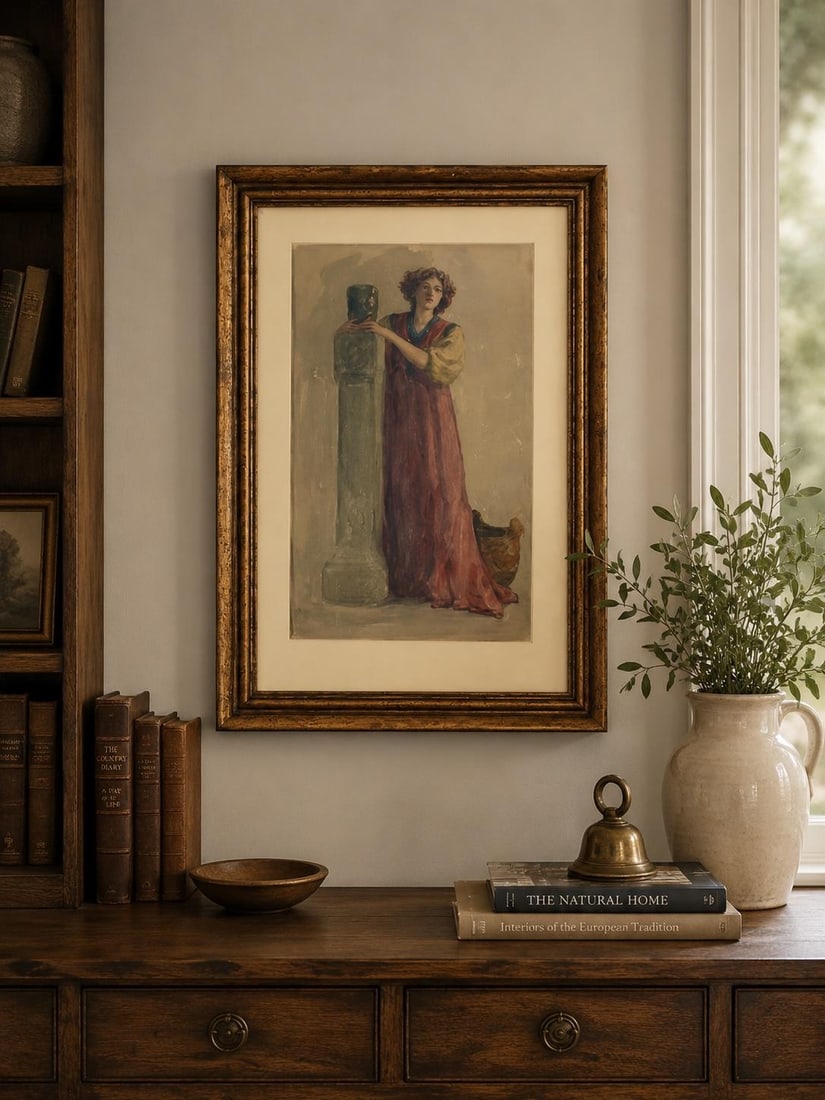 Antique Watercolor Classical Woman Art Nouveau Style Signed Framed Under Glass Original Art 21"t X 1 - 2