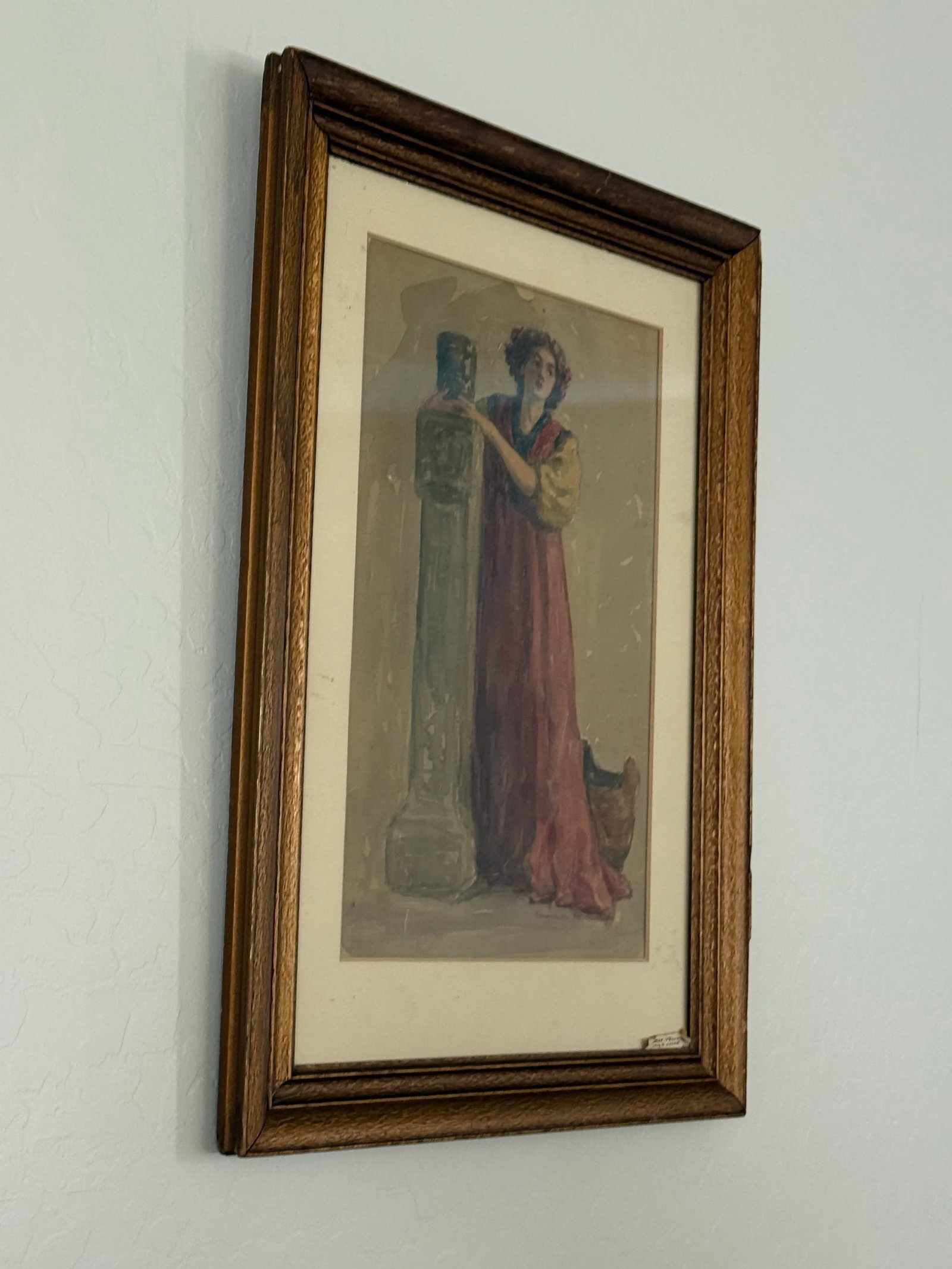 Antique Watercolor Classical Woman Art Nouveau Style Signed Framed Under Glass Original Art 21"t X 1 - 3