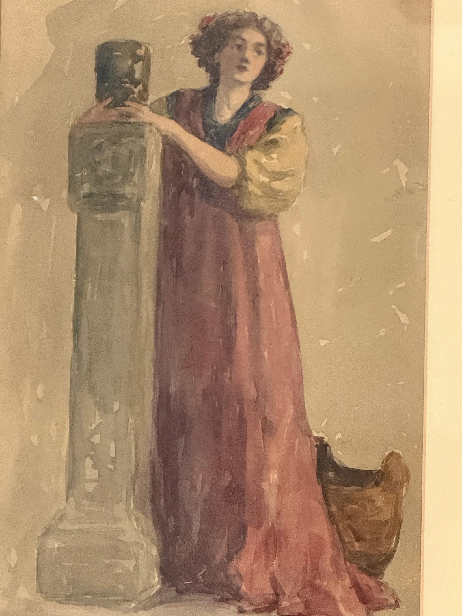 Antique Watercolor Classical Woman Art Nouveau Style Signed Framed Under Glass Original Art 21"t X 1 - 4