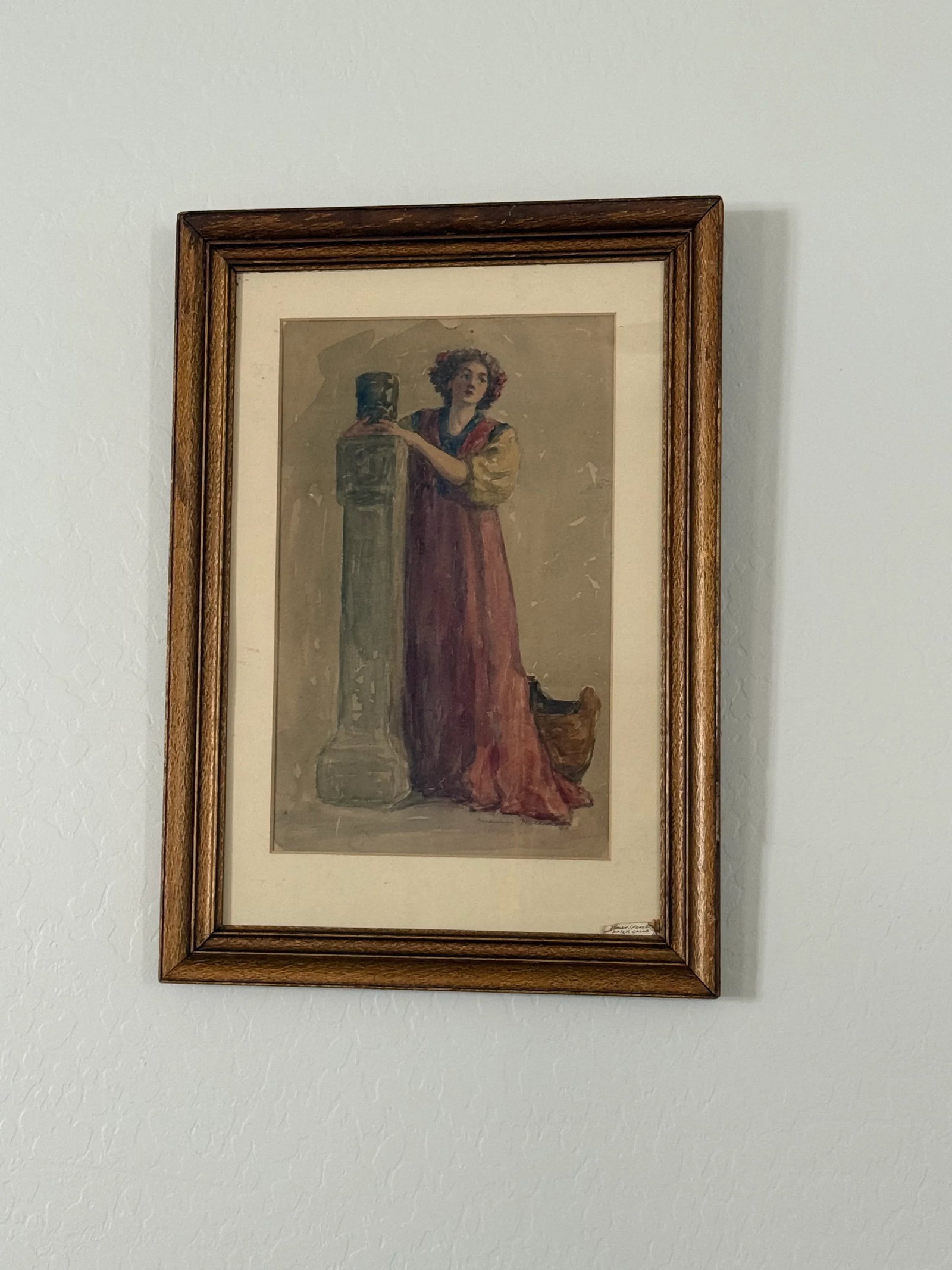 Antique Watercolor Classical Woman Art Nouveau Style Signed Framed Under Glass Original Art 21"t X 1 - 5