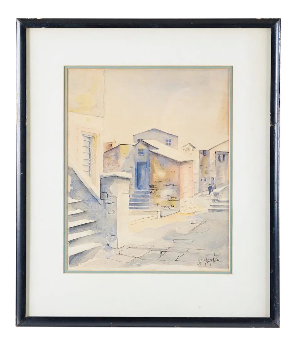 1950s Vintage Watercolor Painting: Vintage framed watercolor of what looks like a Mexican town. Circa 1950s-60s. Signed Al Gayton lower right. Frame measures 20.75" wide and 24.25" high, art measures 12.5" wide and 16" high In very