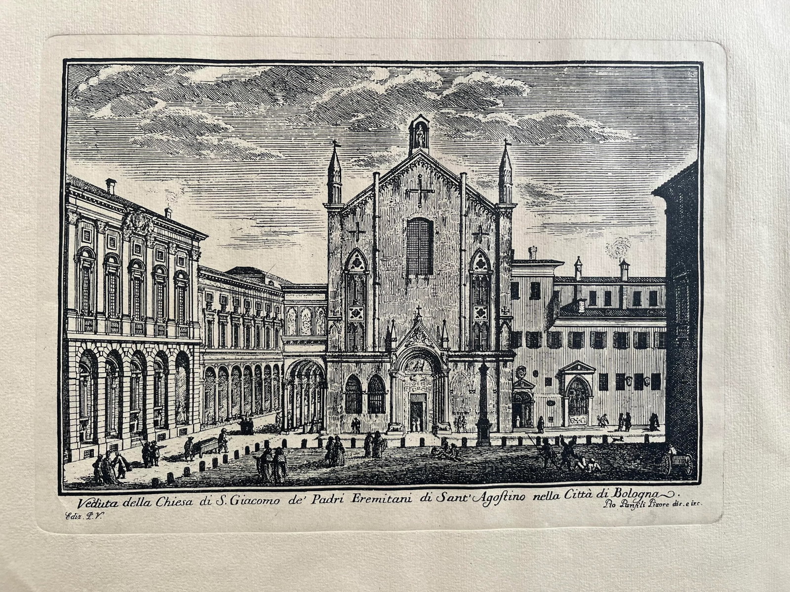 Late 19th Century Antique Engraving Pio Panfili Veduta Della Chiesa Di Giacomo, Bologna, Framed - 3