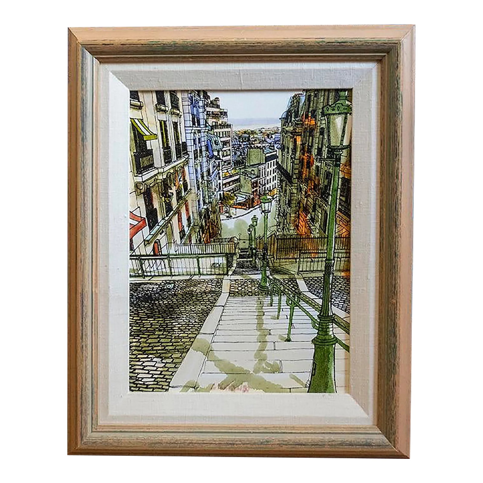 Paris Steps, a Signed, Framed Original in and Acrylic Paint on Canvas: A beautiful framed painting of the steps leading from Montmartre in Paris. An acrylic wash backs intricate details in ink. The painting is signed, but it is difficult to read the signature.